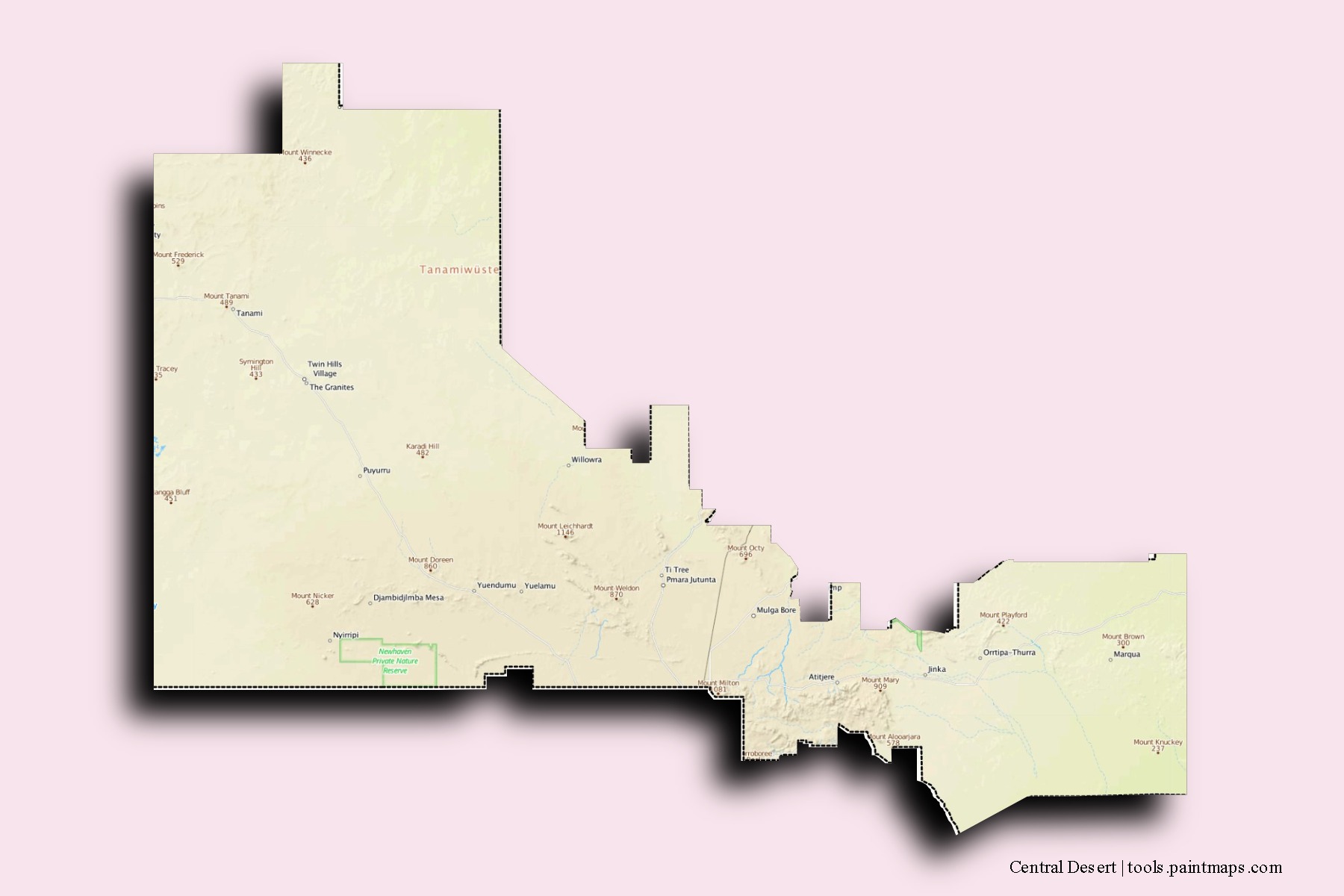 Central Desert neighborhoods and villages map with 3D shadow effect