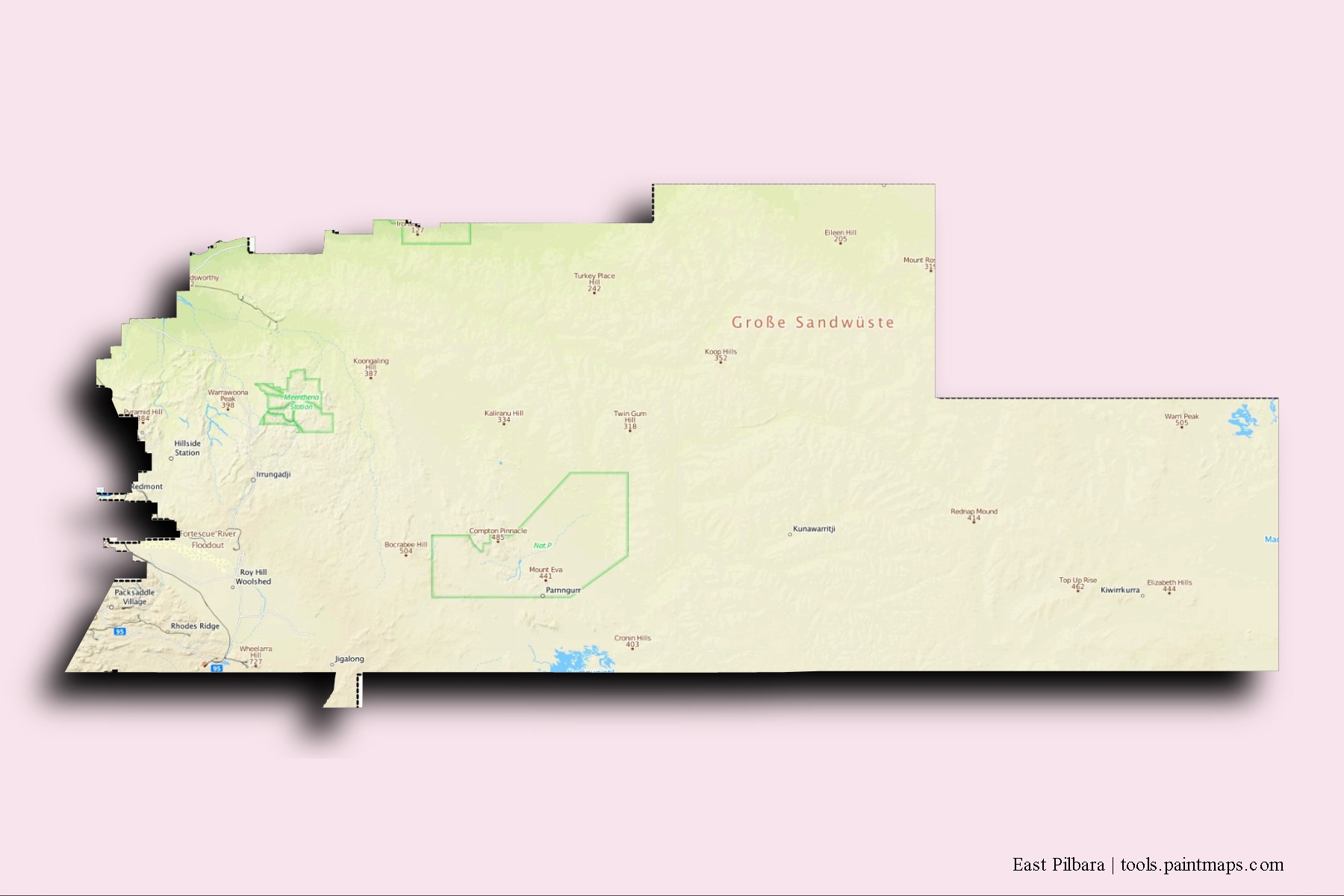 East Pilbara neighborhoods and villages map with 3D shadow effect