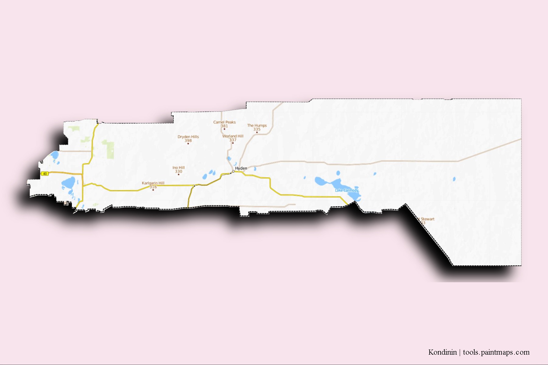 Mapa de barrios y pueblos de Kondinin con efecto de sombra 3D