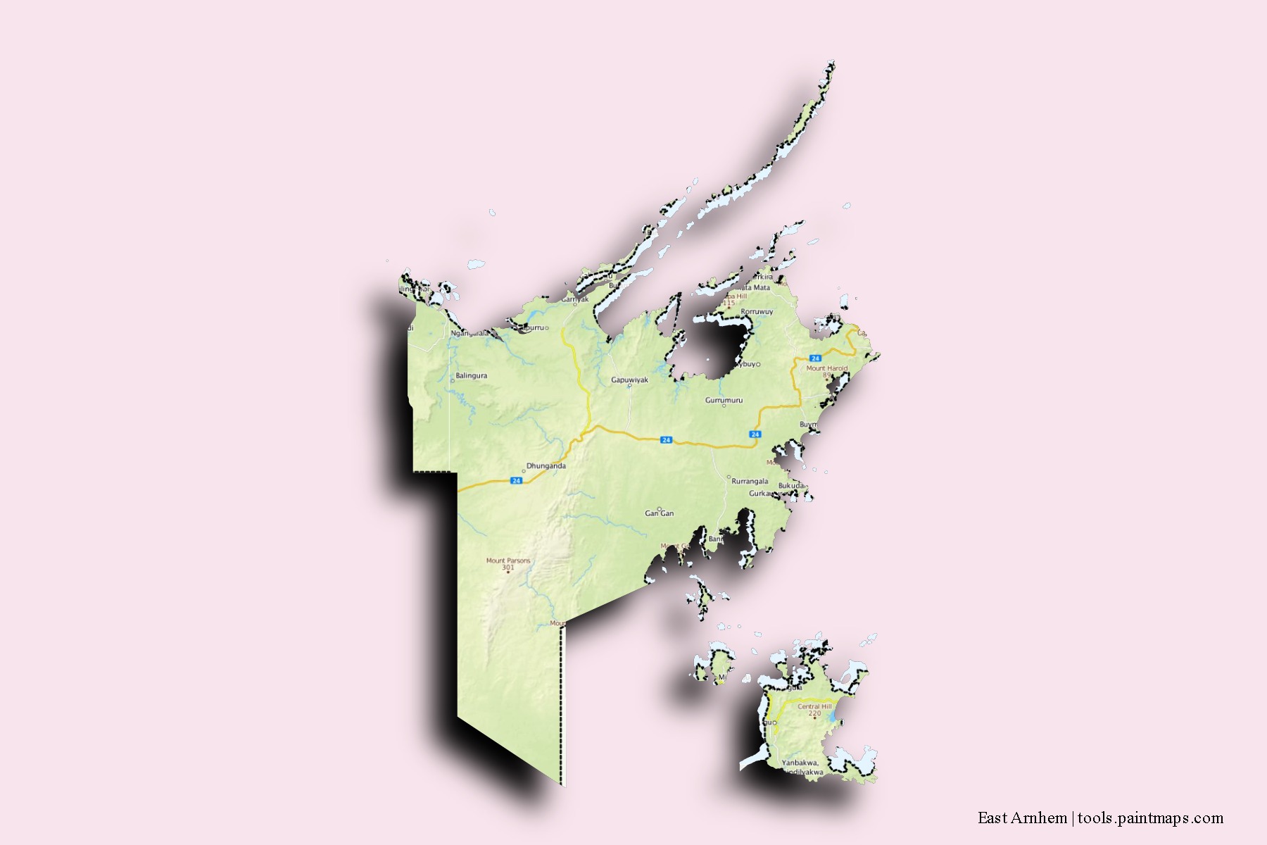 3D gölge efektli East Arnhem mahalleleri ve köyleri haritası