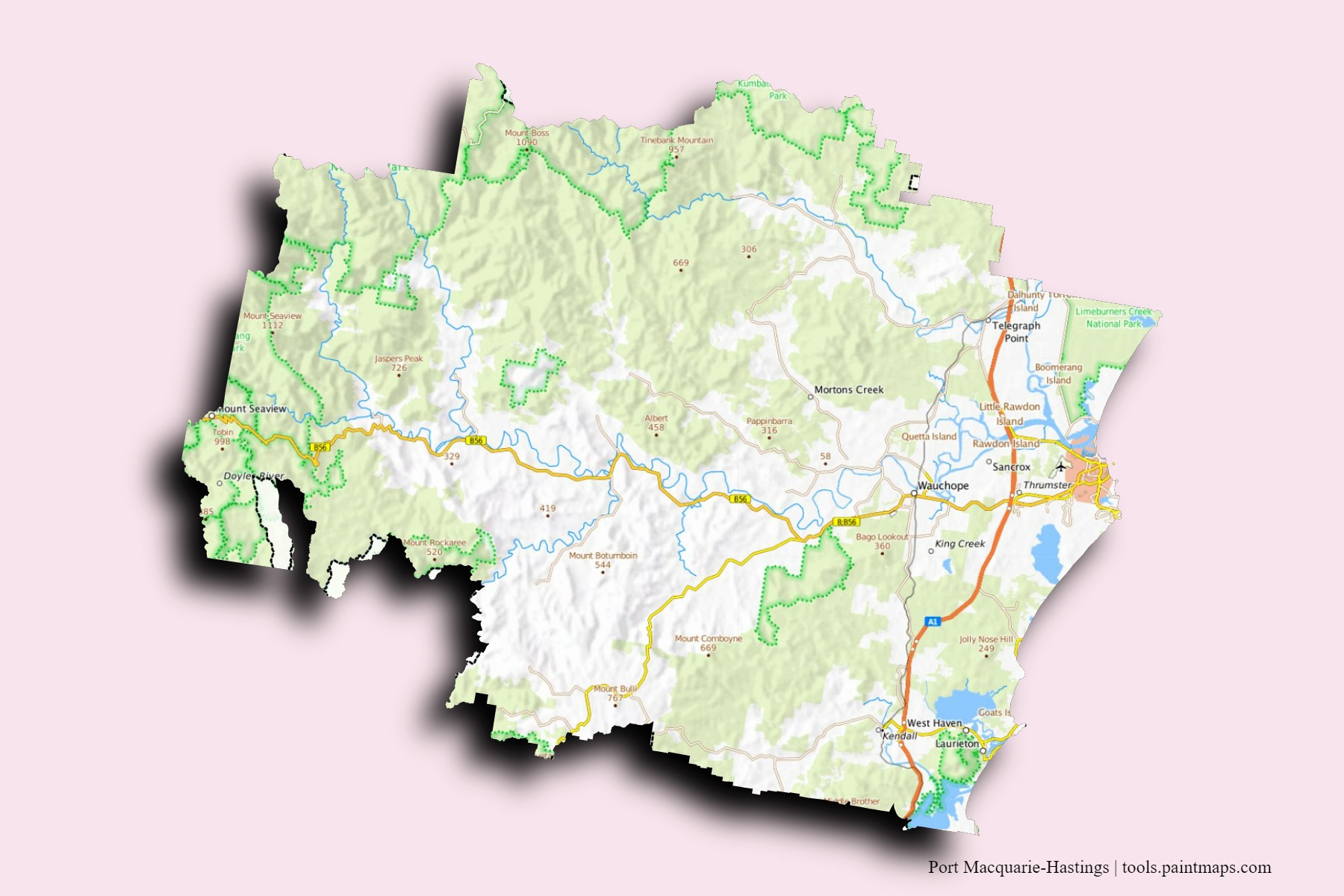 Mapa de barrios y pueblos de Port Macquarie-Hastings con efecto de sombra 3D