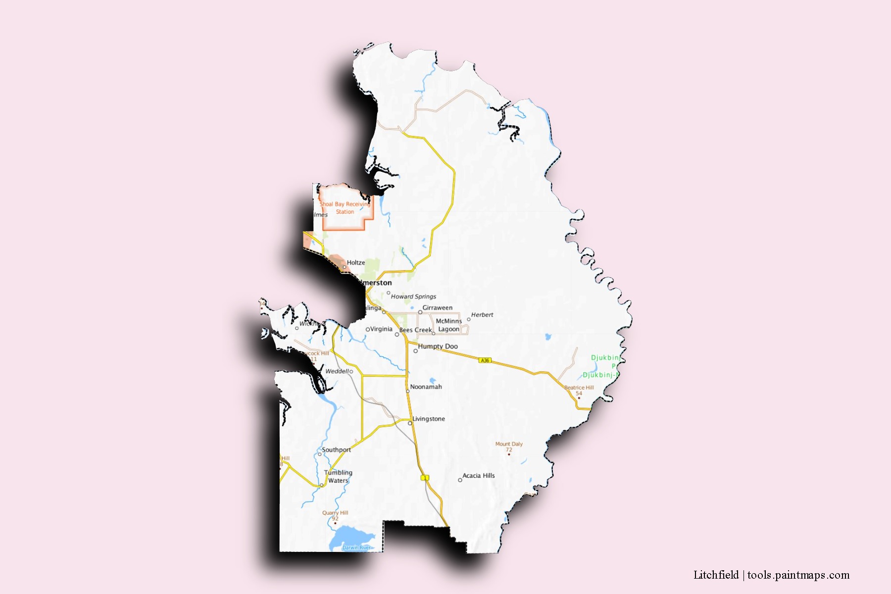 Mapa de barrios y pueblos de Litchfield con efecto de sombra 3D