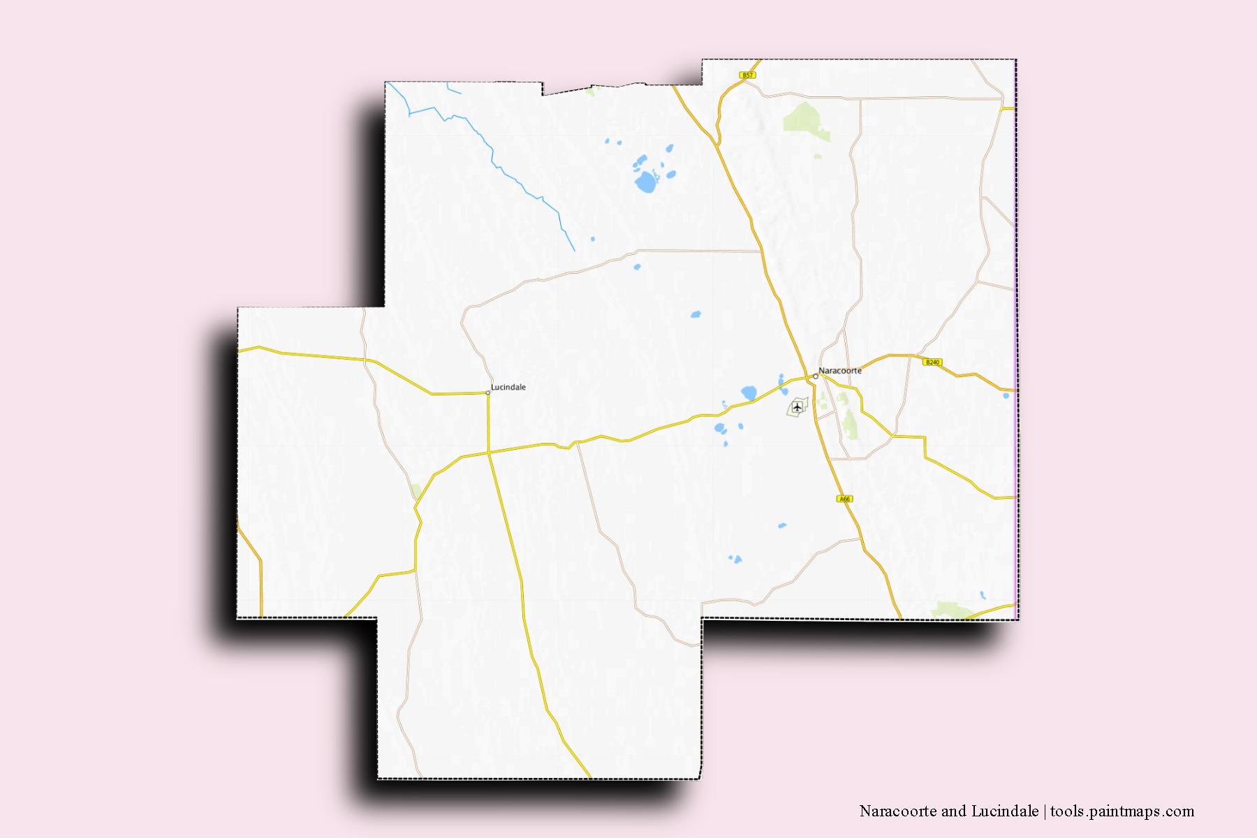 Naracoorte and Lucindale neighborhoods and villages map with 3D shadow effect