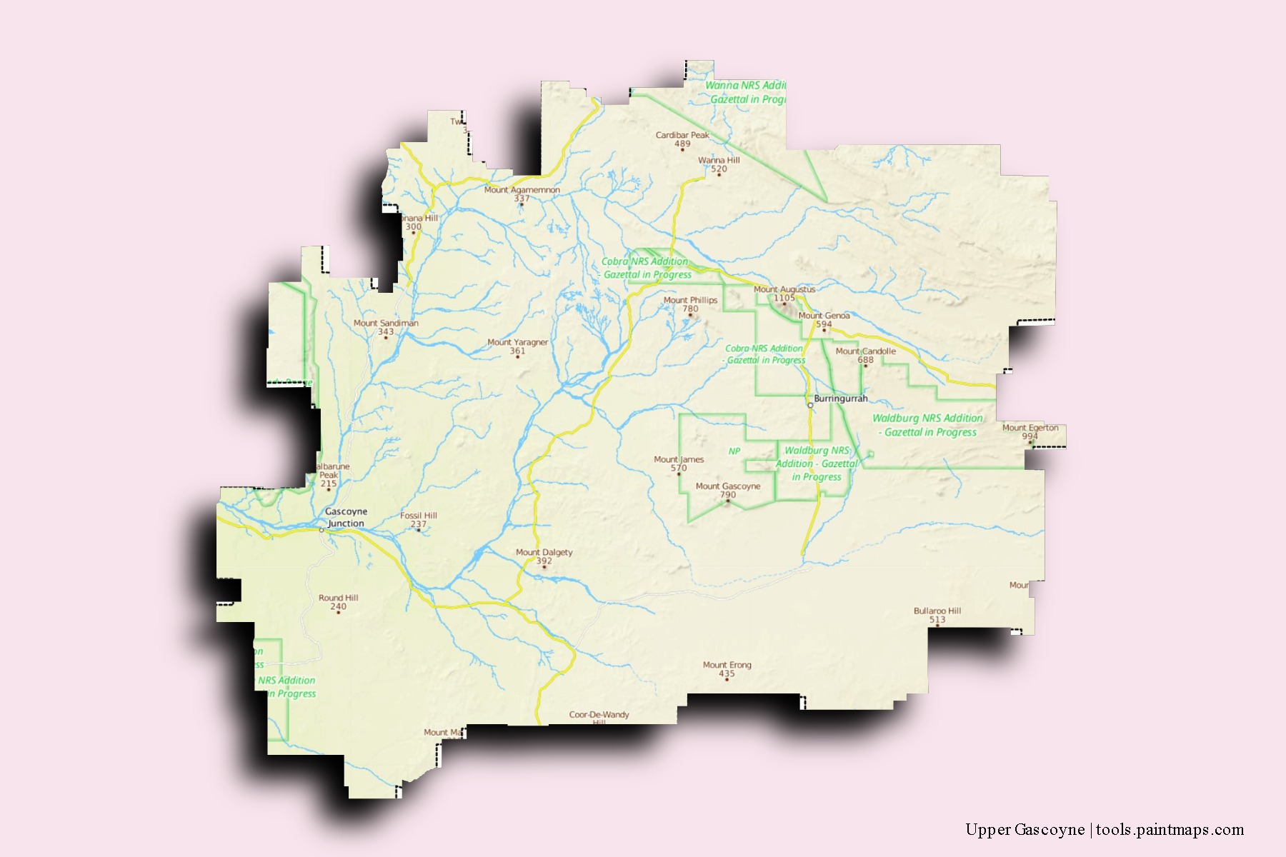 Upper Gascoyne neighborhoods and villages map with 3D shadow effect