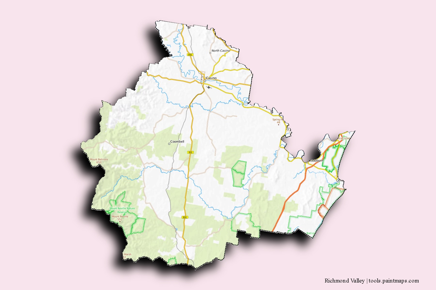 Mapa de barrios y pueblos de Richmond Valley con efecto de sombra 3D