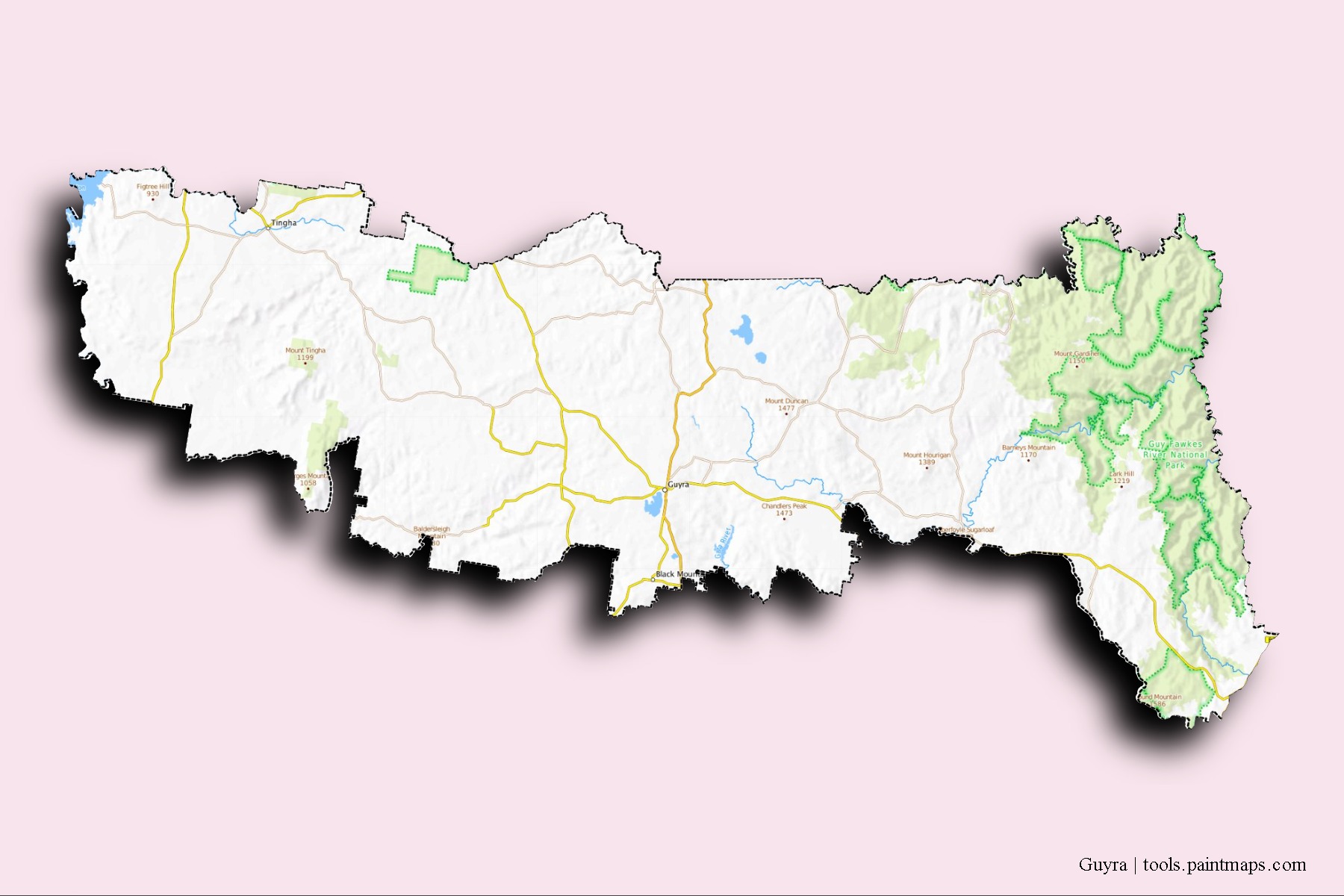 Guyra neighborhoods and villages map with 3D shadow effect