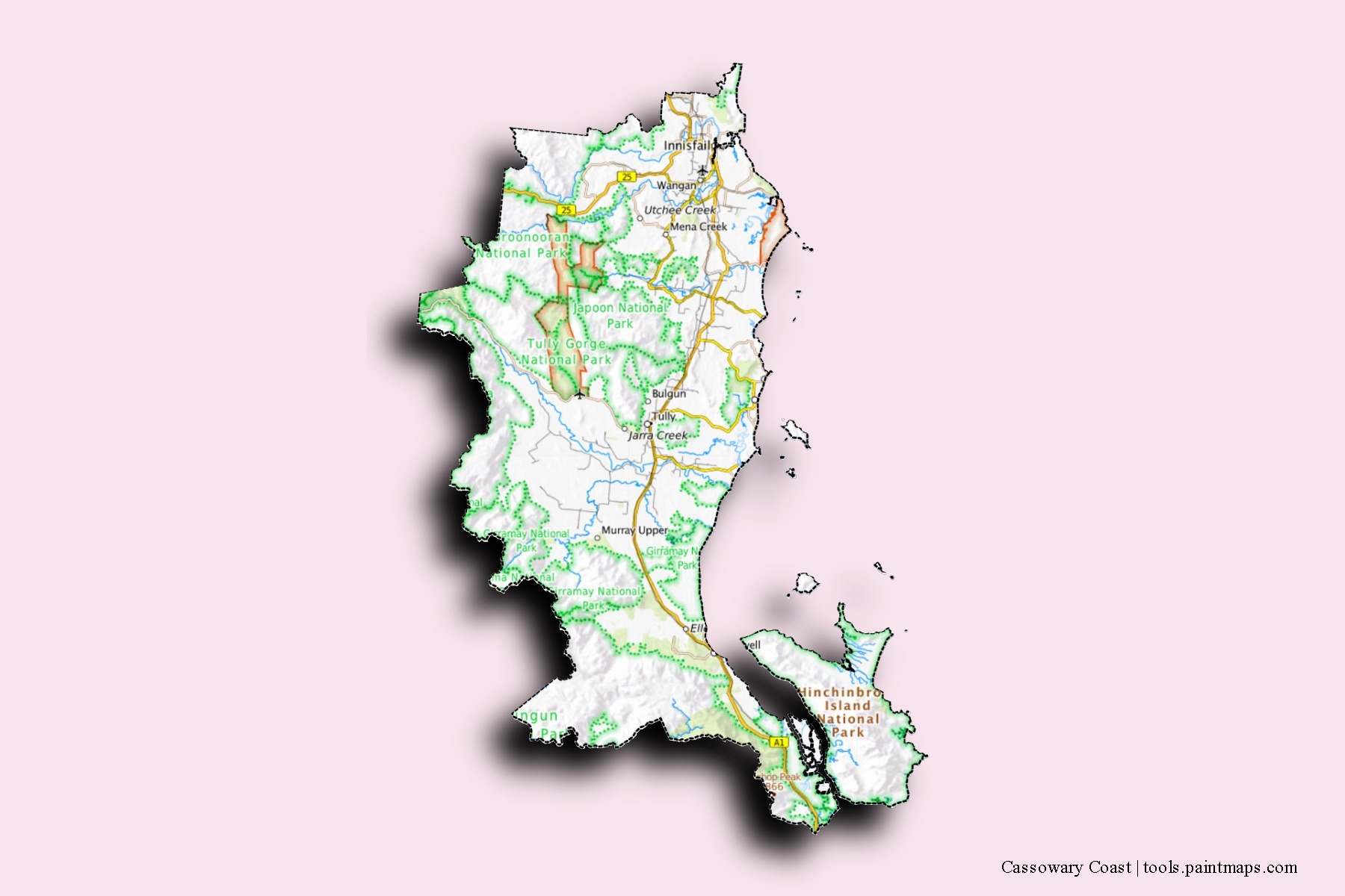 3D gölge efektli Cassowary Coast mahalleleri ve köyleri haritası