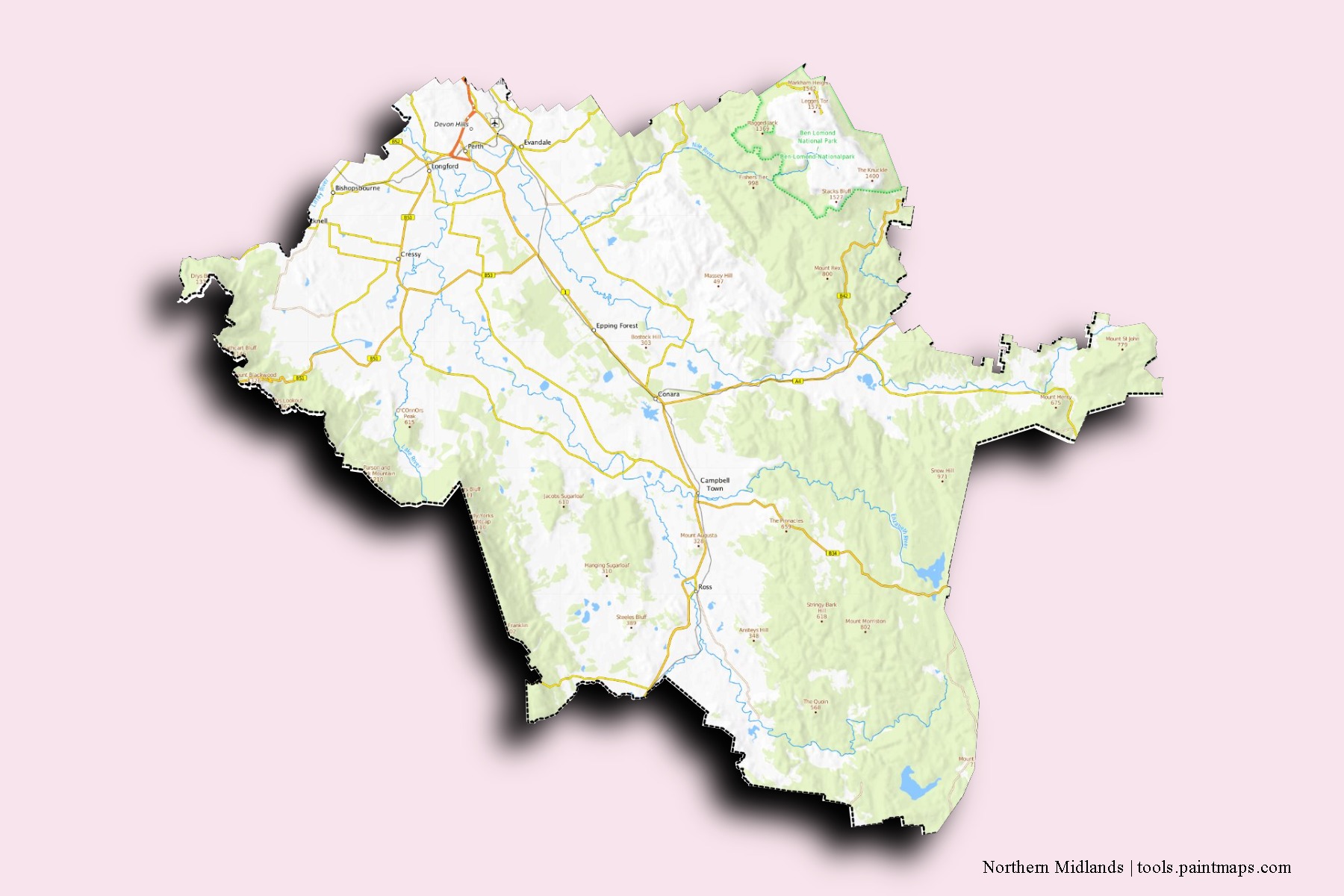 3D gölge efektli Northern Midlands mahalleleri ve köyleri haritası