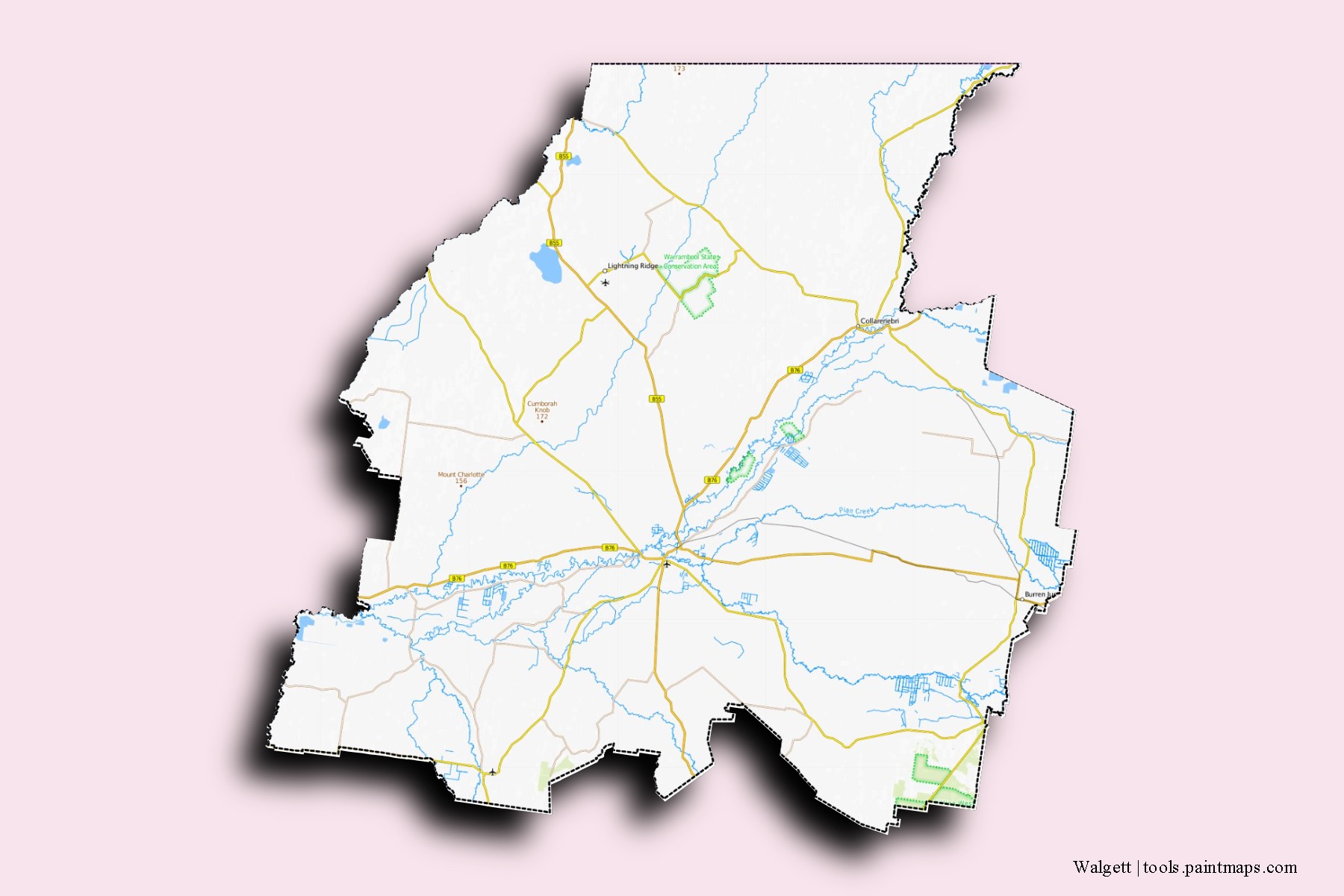 Walgett neighborhoods and villages map with 3D shadow effect