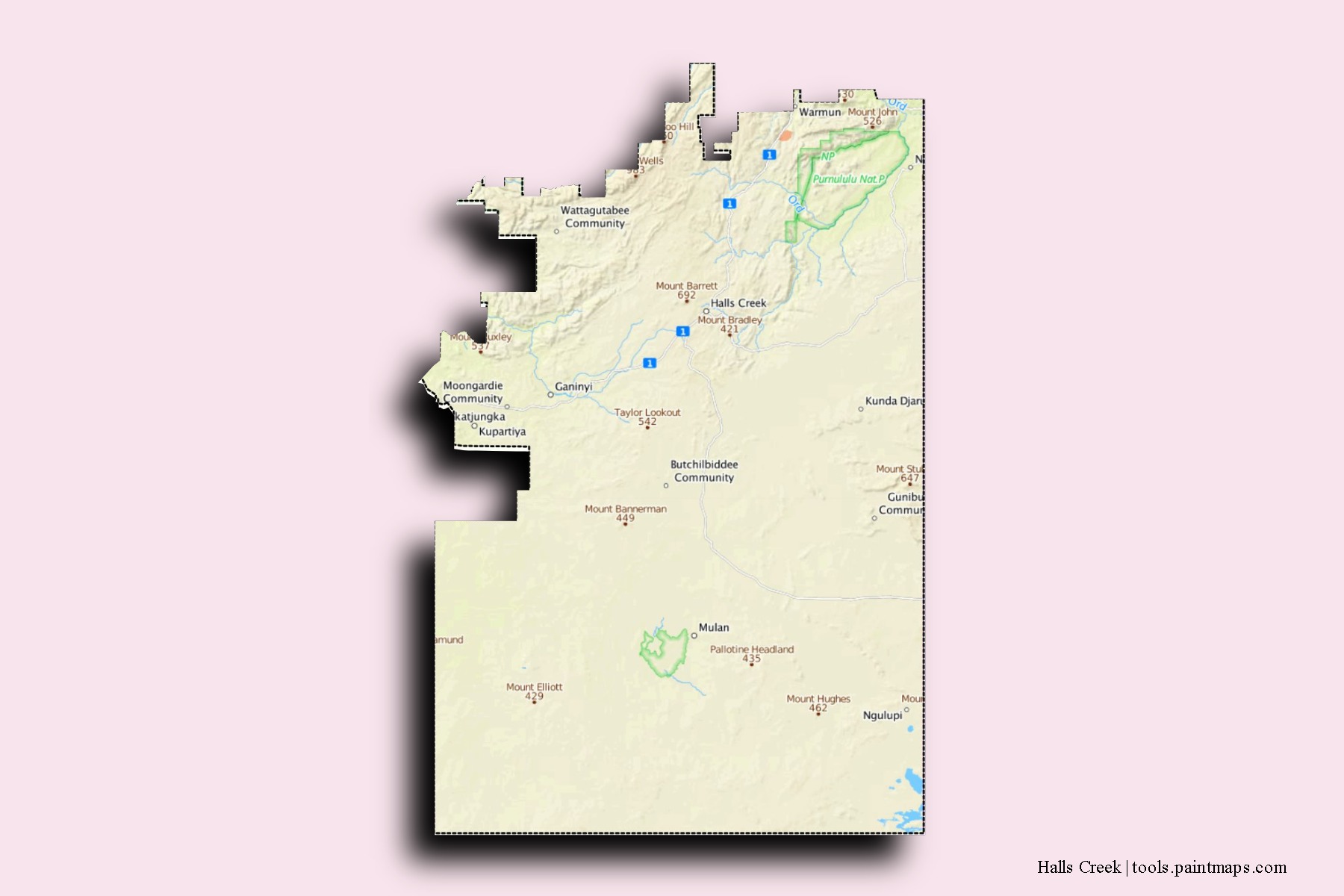 Halls Creek neighborhoods and villages map with 3D shadow effect