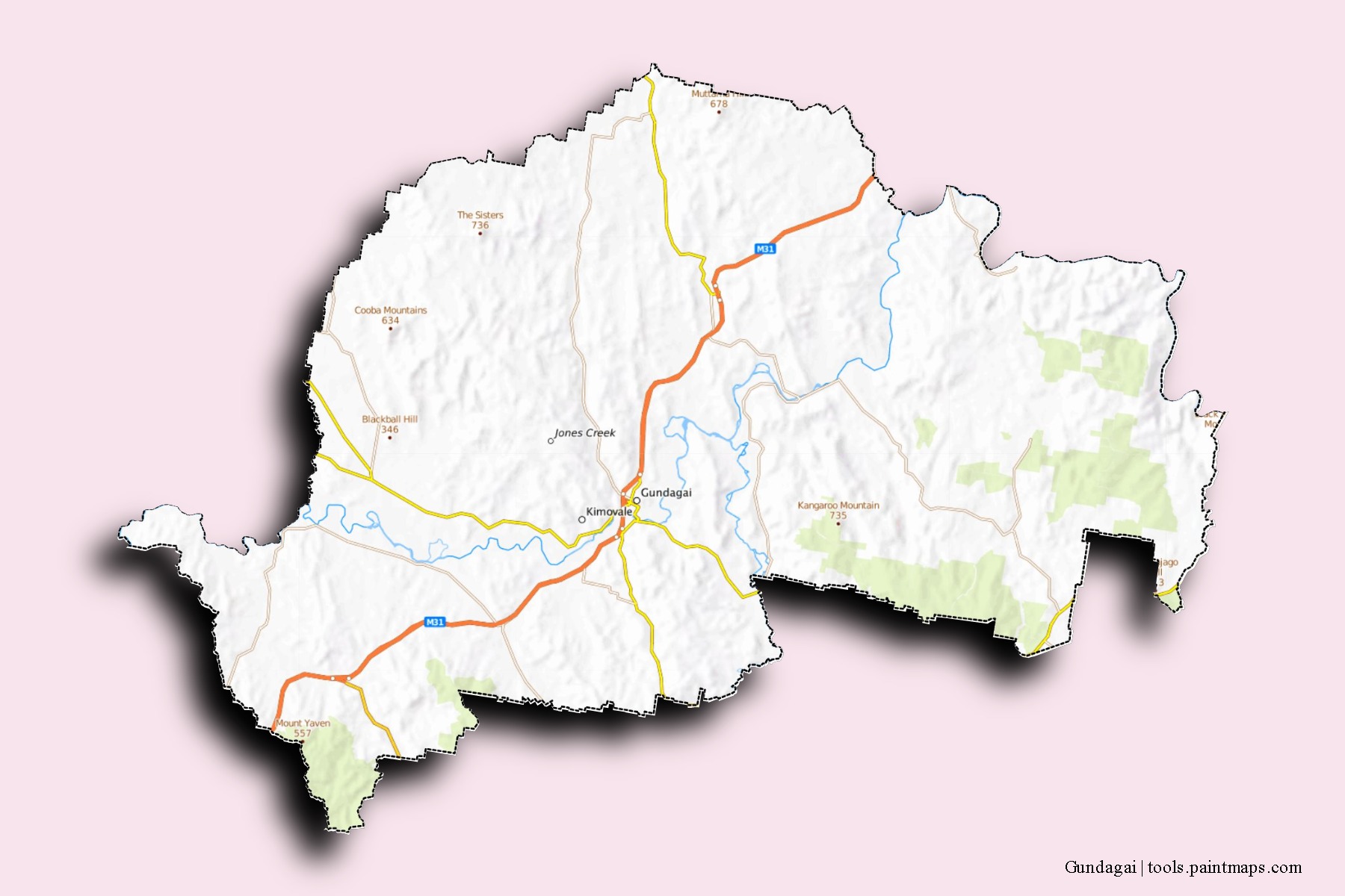 Gundagai neighborhoods and villages map with 3D shadow effect