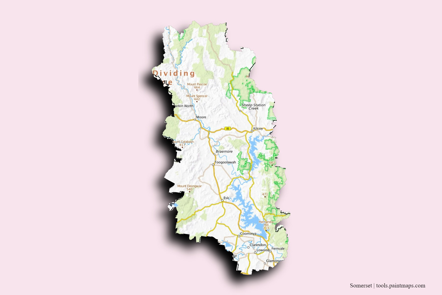 Mapa de barrios y pueblos de Somerset con efecto de sombra 3D