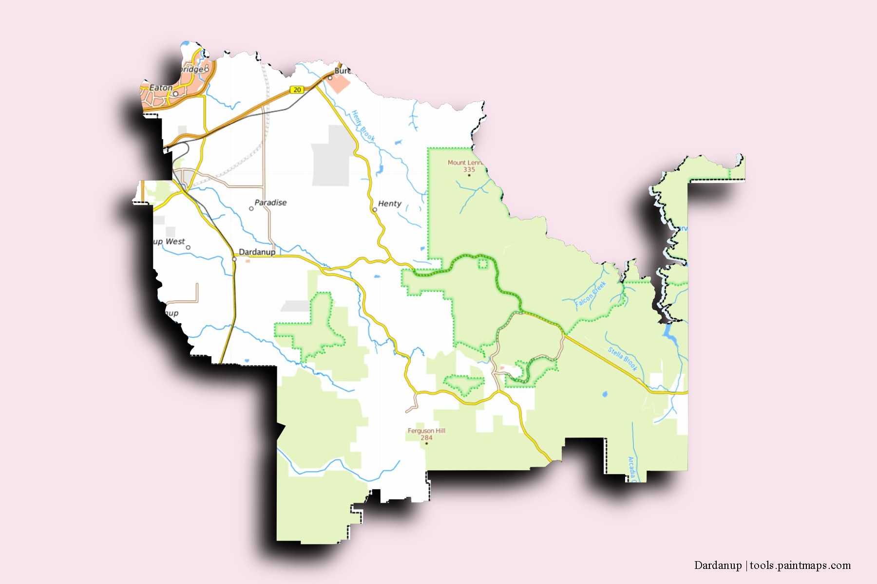 Dardanup neighborhoods and villages map with 3D shadow effect