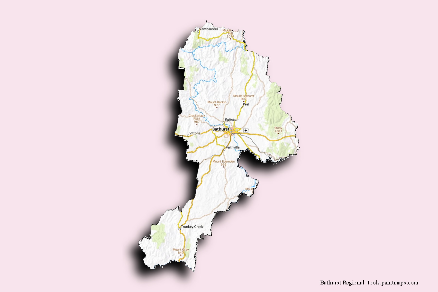 Mapa de barrios y pueblos de Bathurst Regional con efecto de sombra 3D