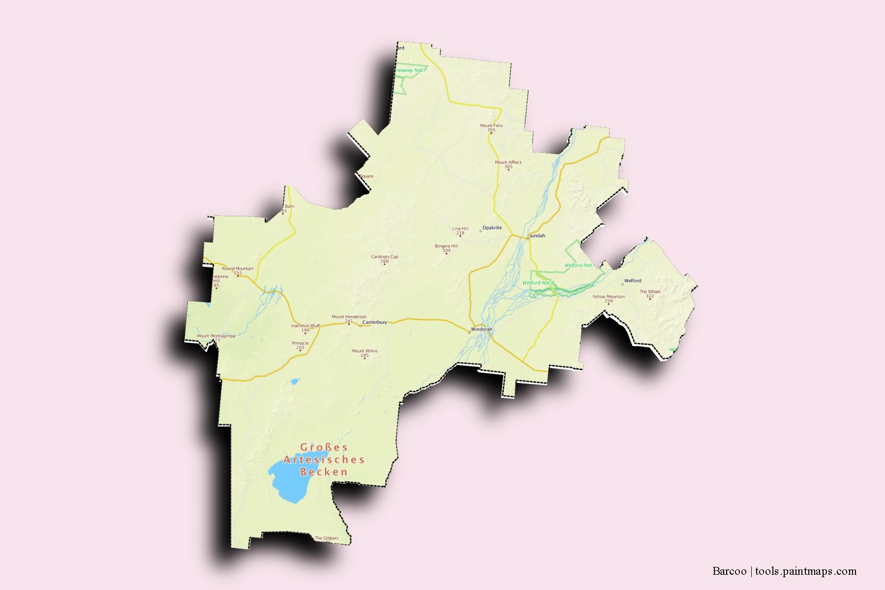 Mapa de barrios y pueblos de Barcoo con efecto de sombra 3D