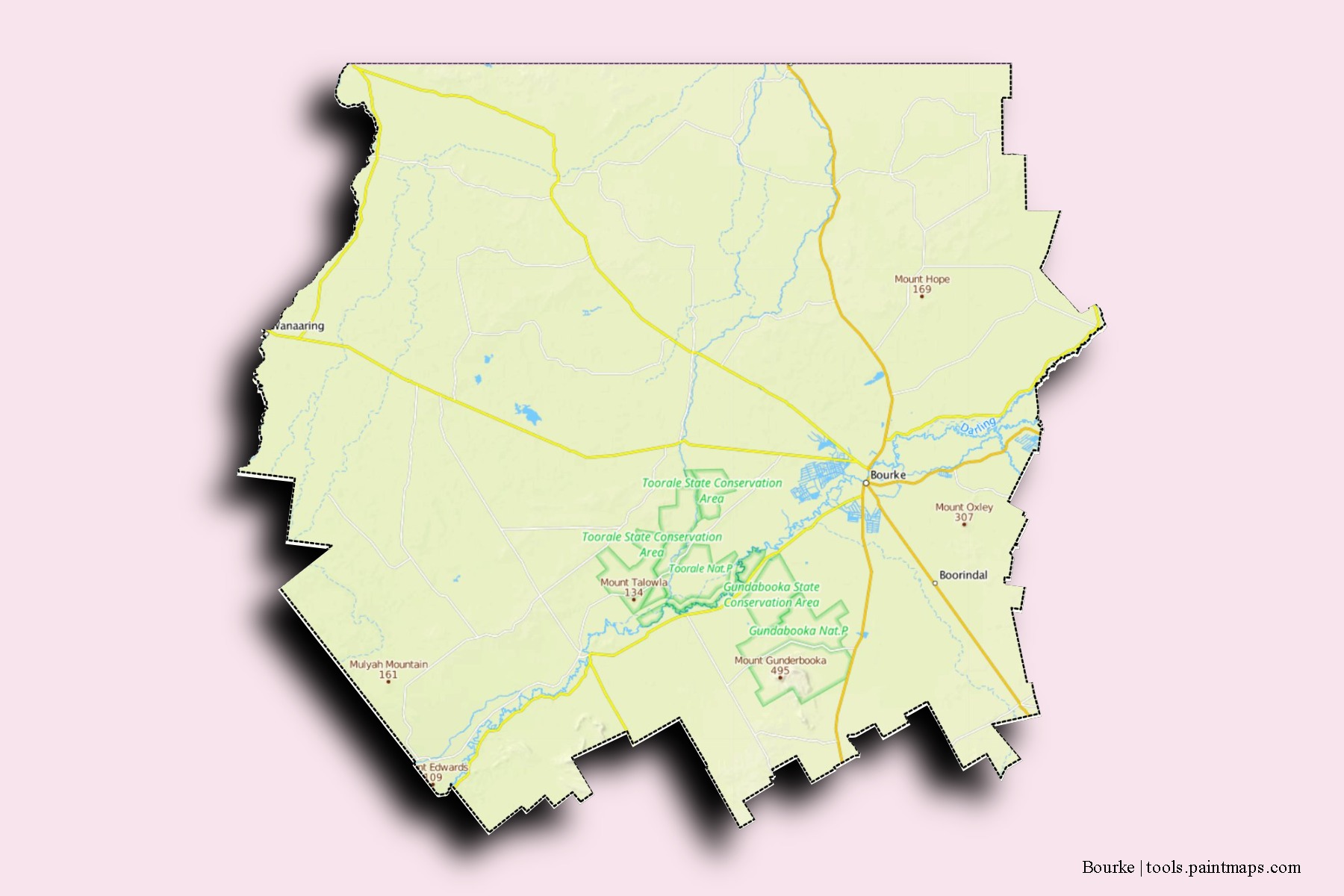 Bourke neighborhoods and villages map with 3D shadow effect