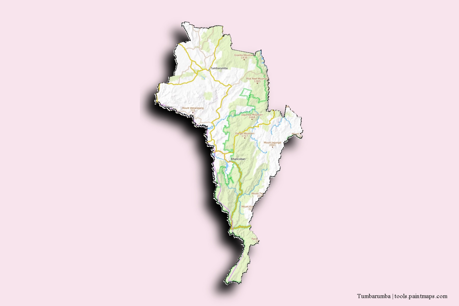 Tumbarumba neighborhoods and villages map with 3D shadow effect