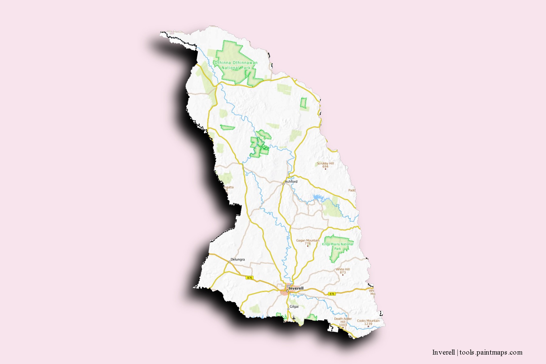 Inverell neighborhoods and villages map with 3D shadow effect