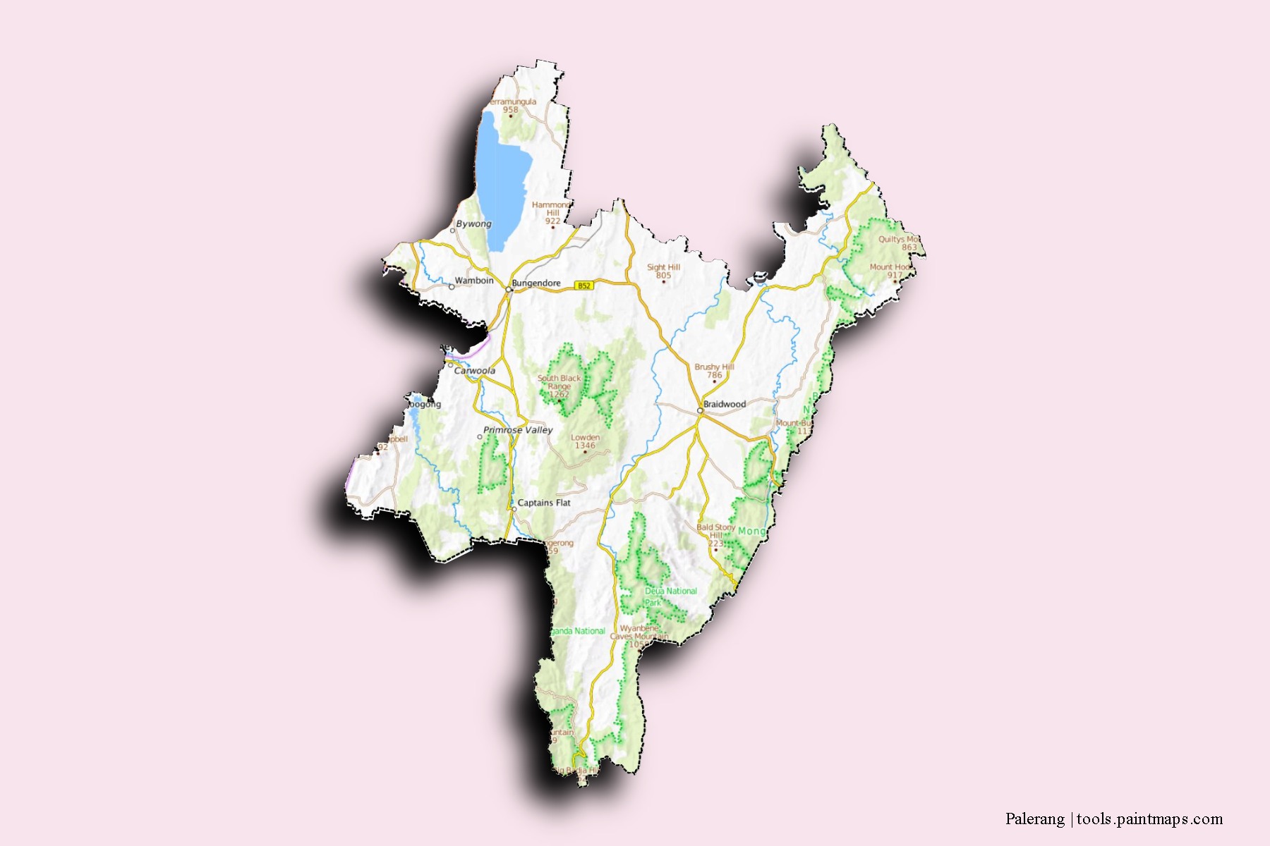 Mapa de barrios y pueblos de Palerang con efecto de sombra 3D