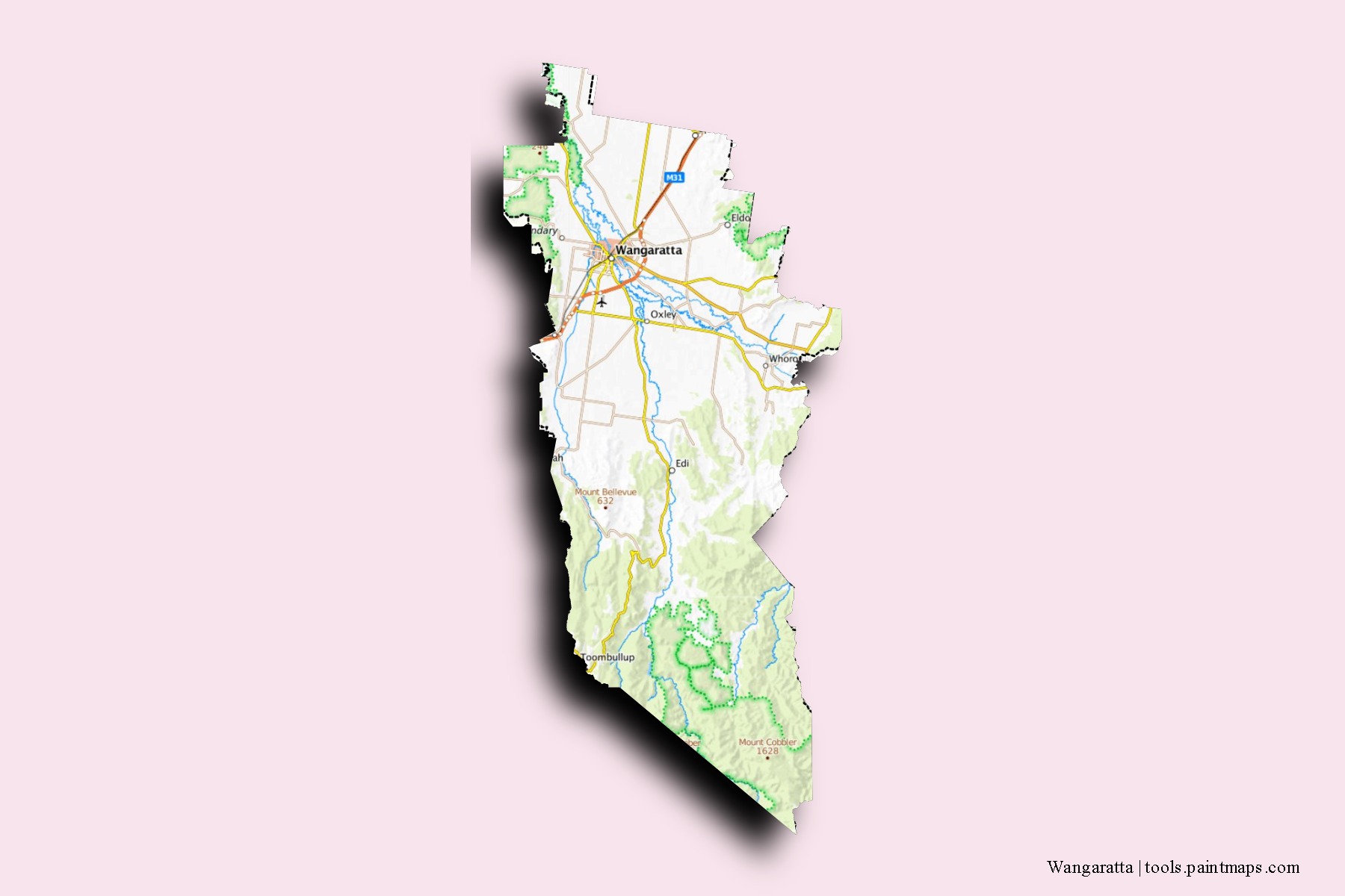 Wangaratta neighborhoods and villages map with 3D shadow effect