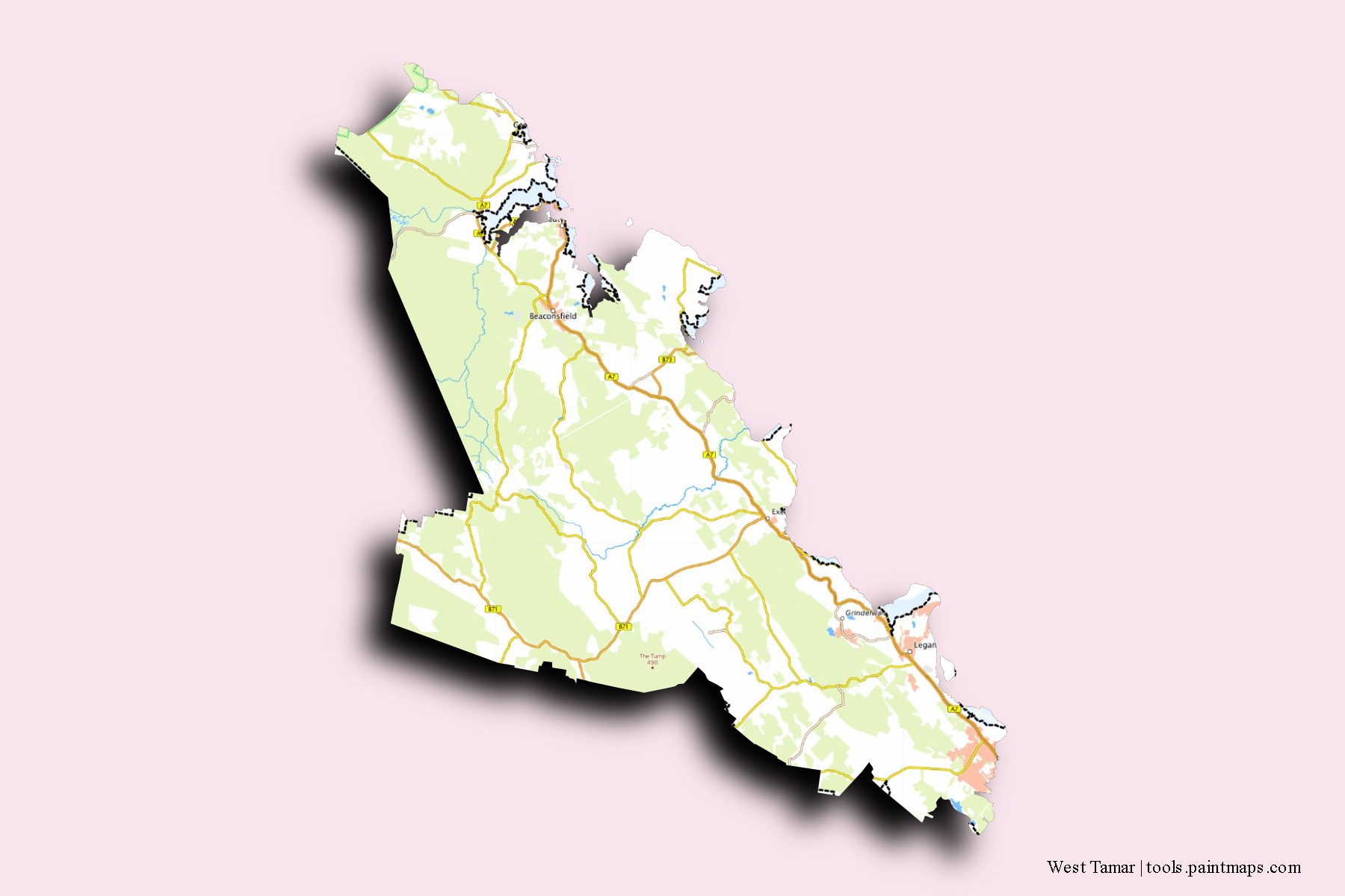 West Tamar neighborhoods and villages map with 3D shadow effect