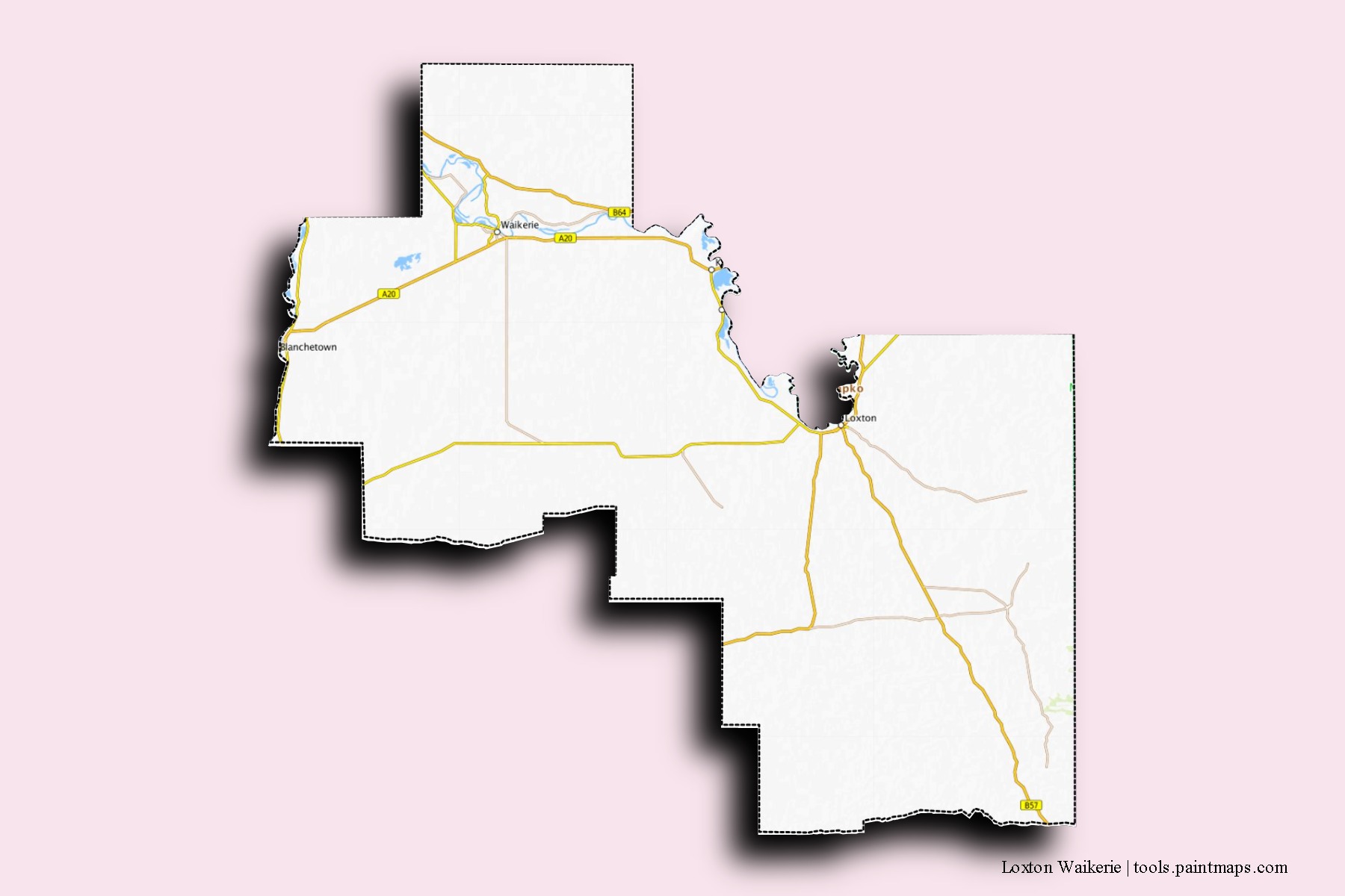 3D gölge efektli Loxton Waikerie mahalleleri ve köyleri haritası