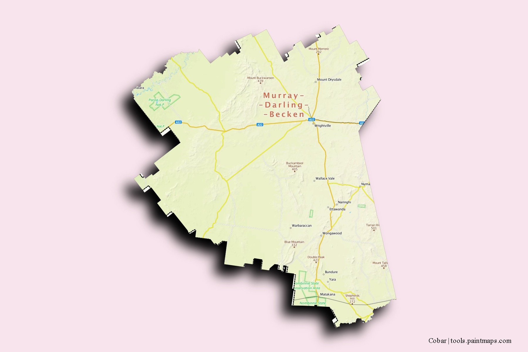 Mapa de barrios y pueblos de Cobar con efecto de sombra 3D