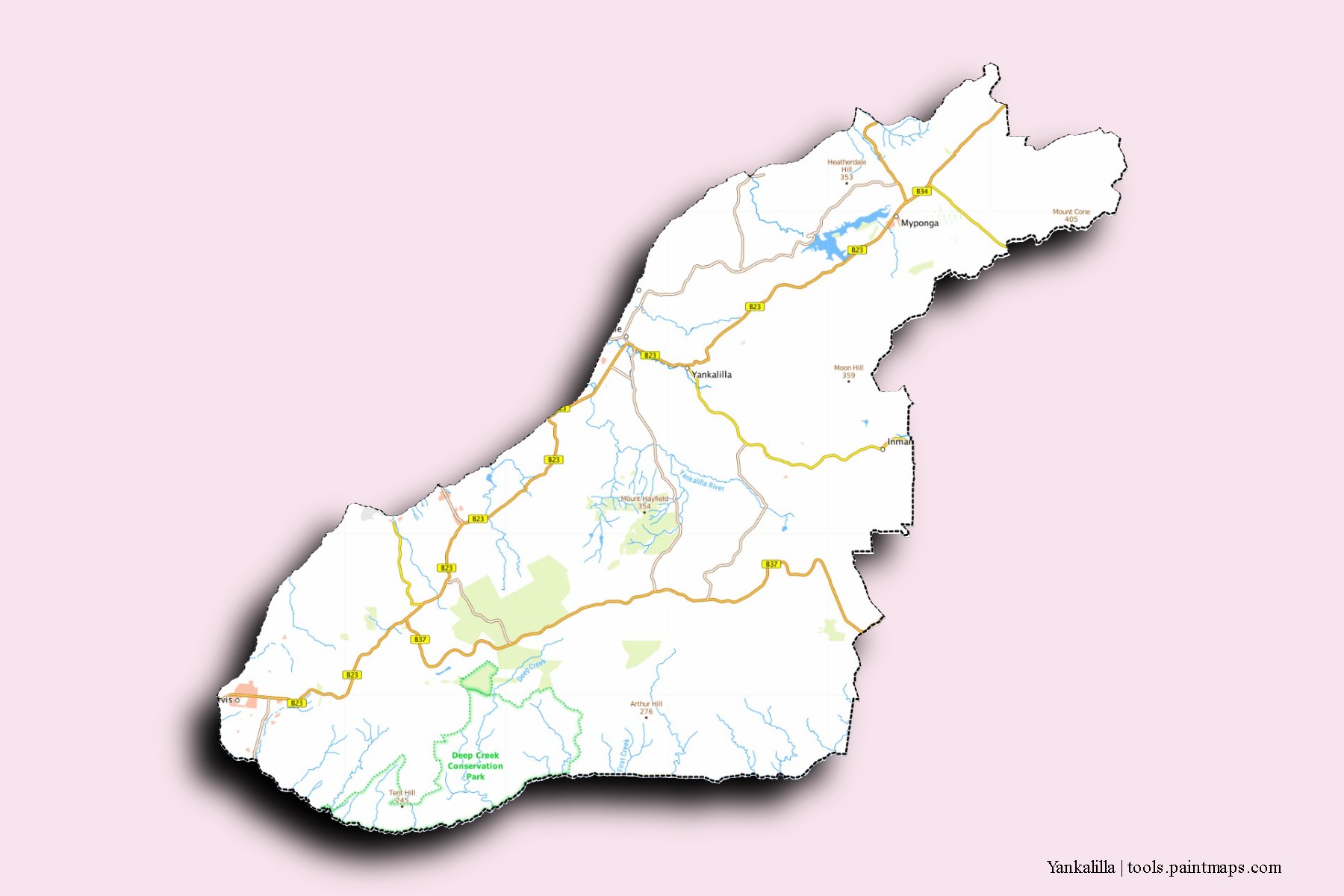 Mapa de barrios y pueblos de Yankalilla con efecto de sombra 3D