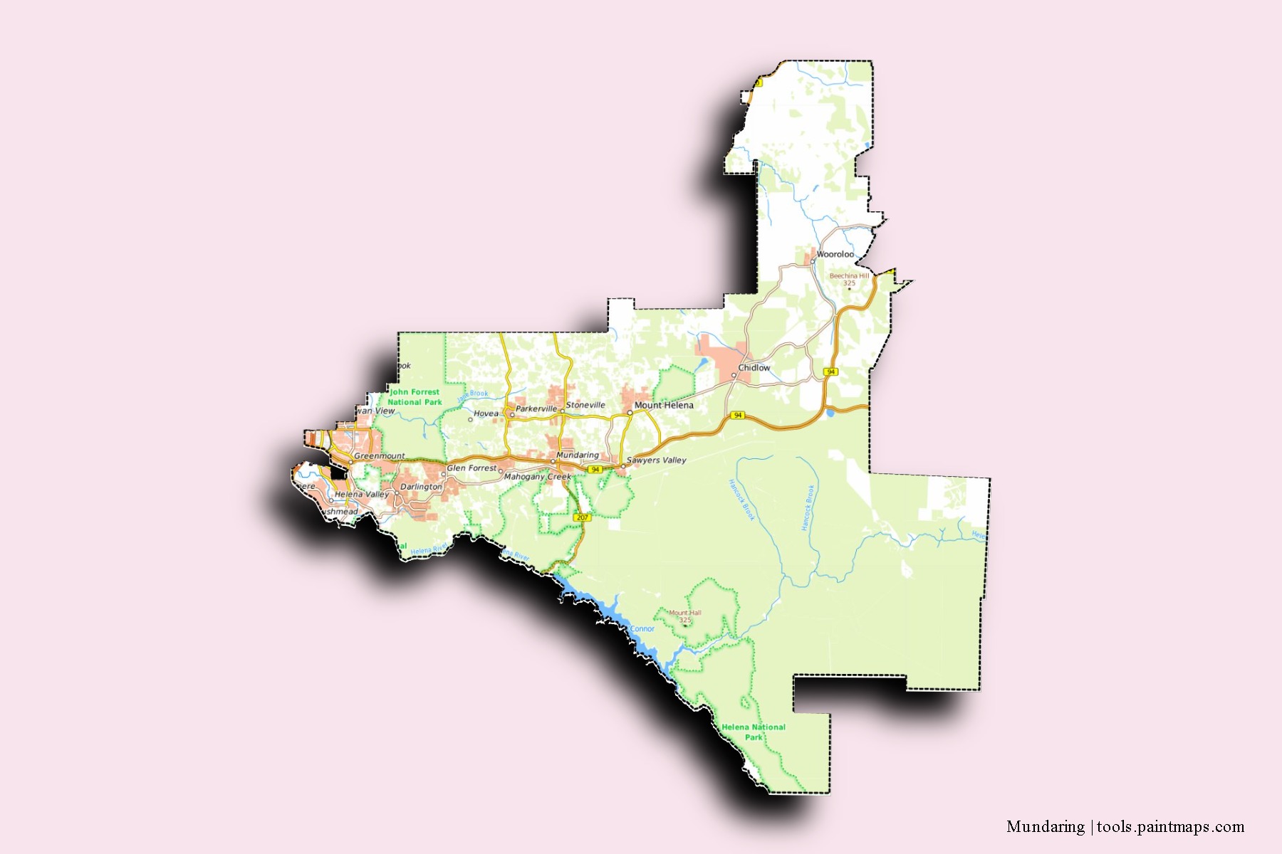 Mapa de barrios y pueblos de Mundaring con efecto de sombra 3D