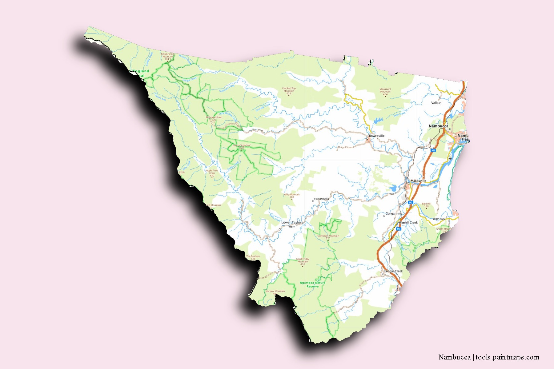 Mapa de barrios y pueblos de Nambucca con efecto de sombra 3D