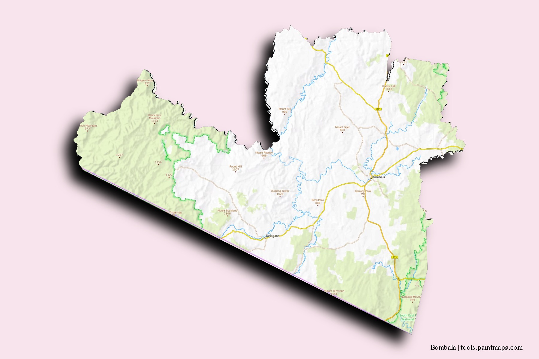 Mapa de barrios y pueblos de Bombala con efecto de sombra 3D