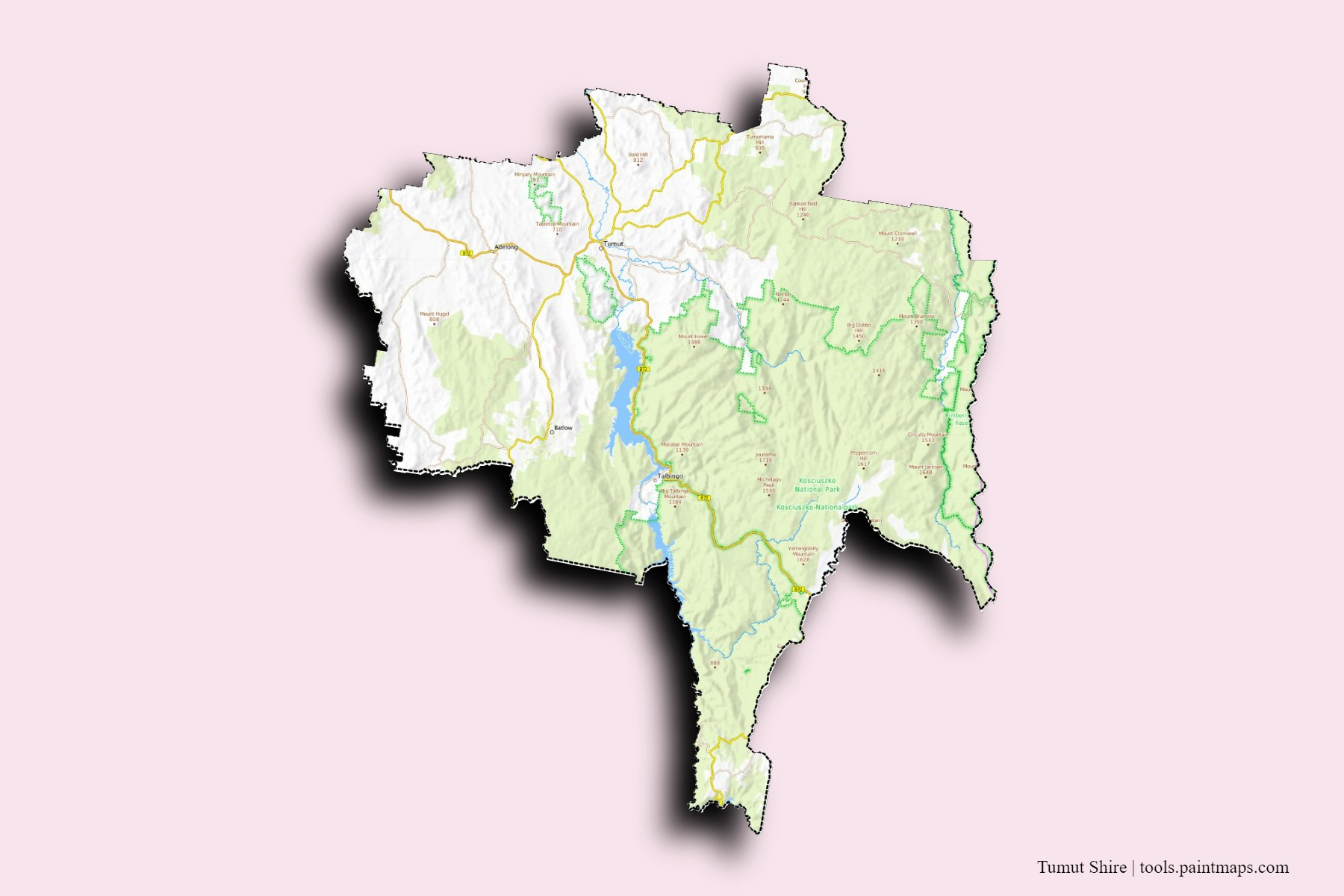 Tumut Shire neighborhoods and villages map with 3D shadow effect