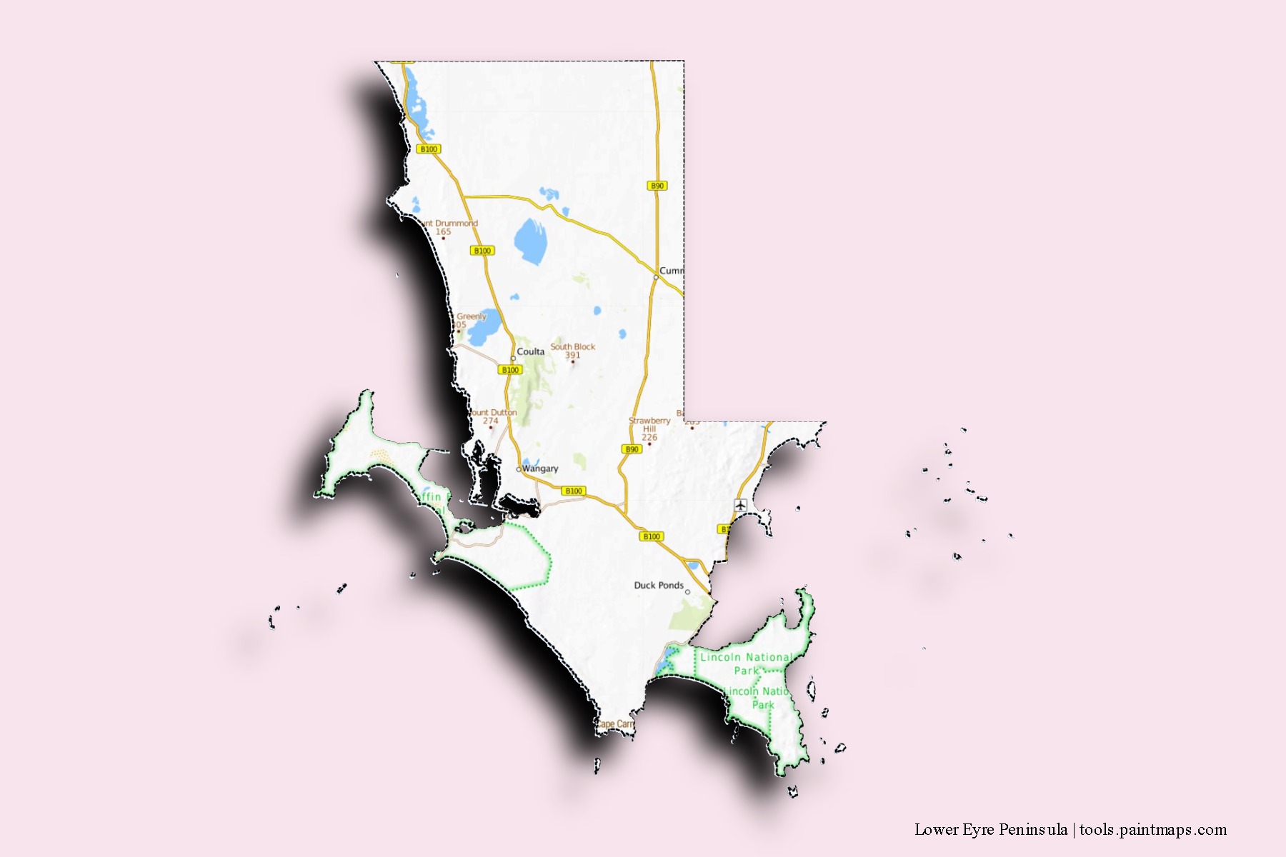 Mapa de barrios y pueblos de Lower Eyre Peninsula con efecto de sombra 3D