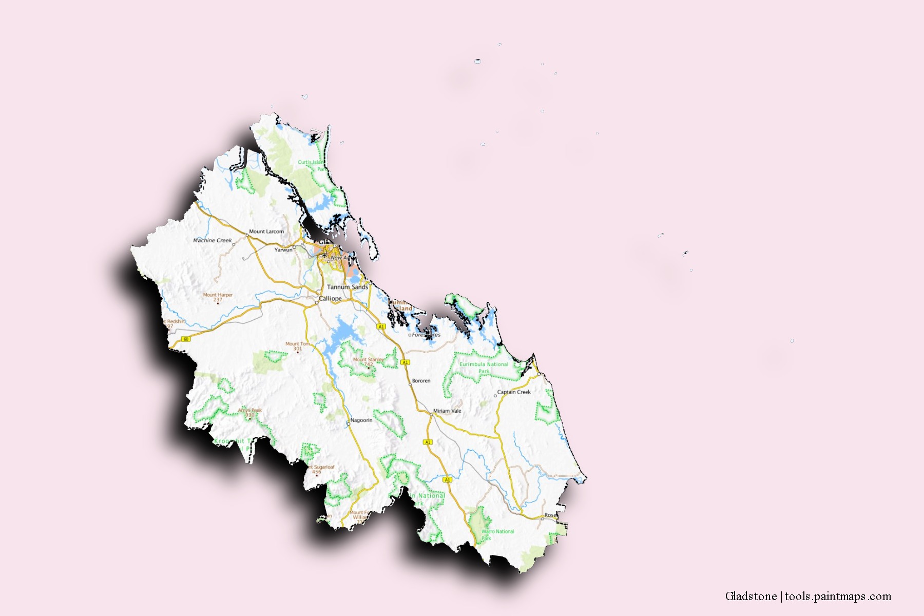 Mapa de barrios y pueblos de Gladstone con efecto de sombra 3D