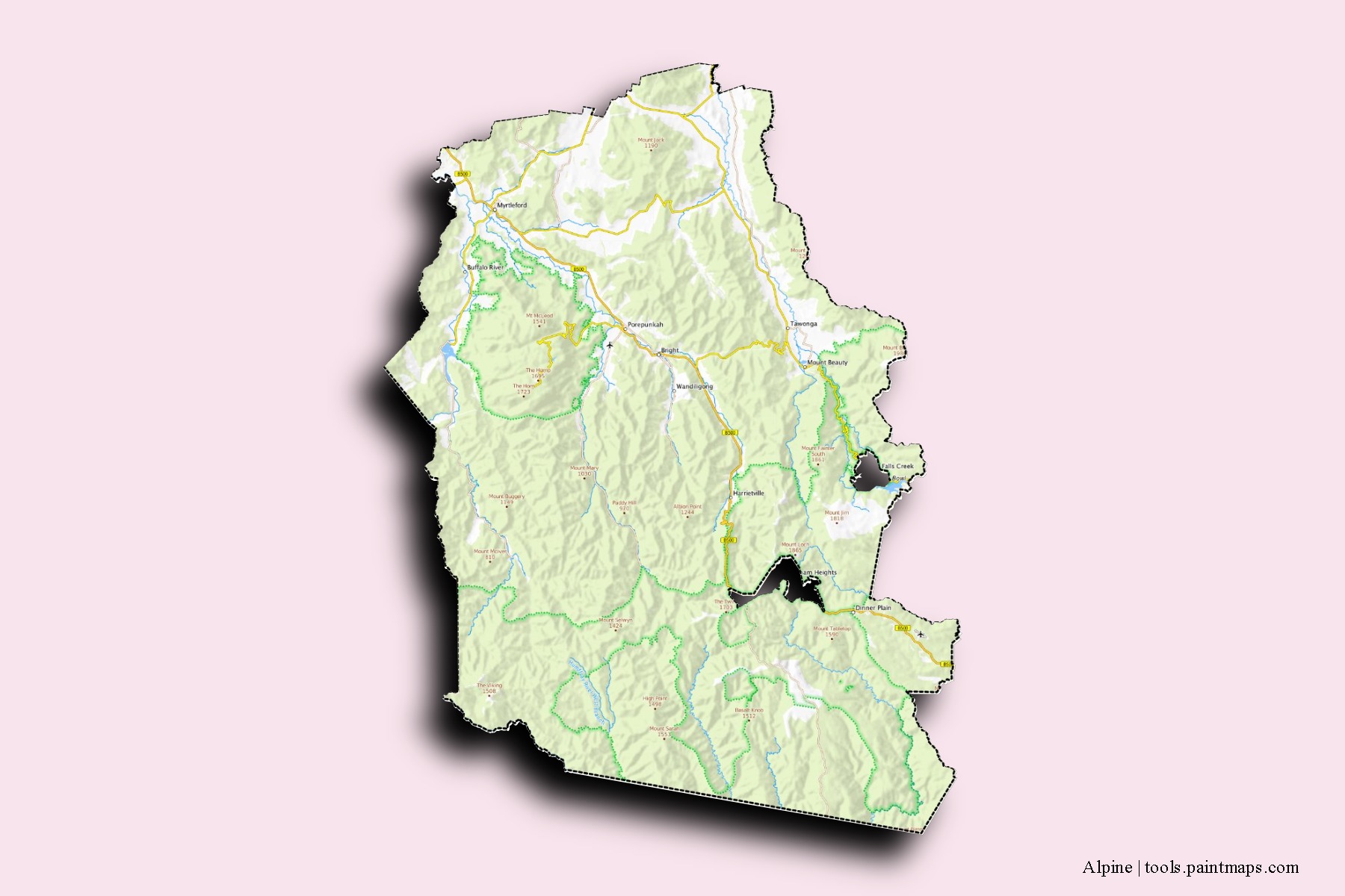 Mapa de barrios y pueblos de Alpine con efecto de sombra 3D