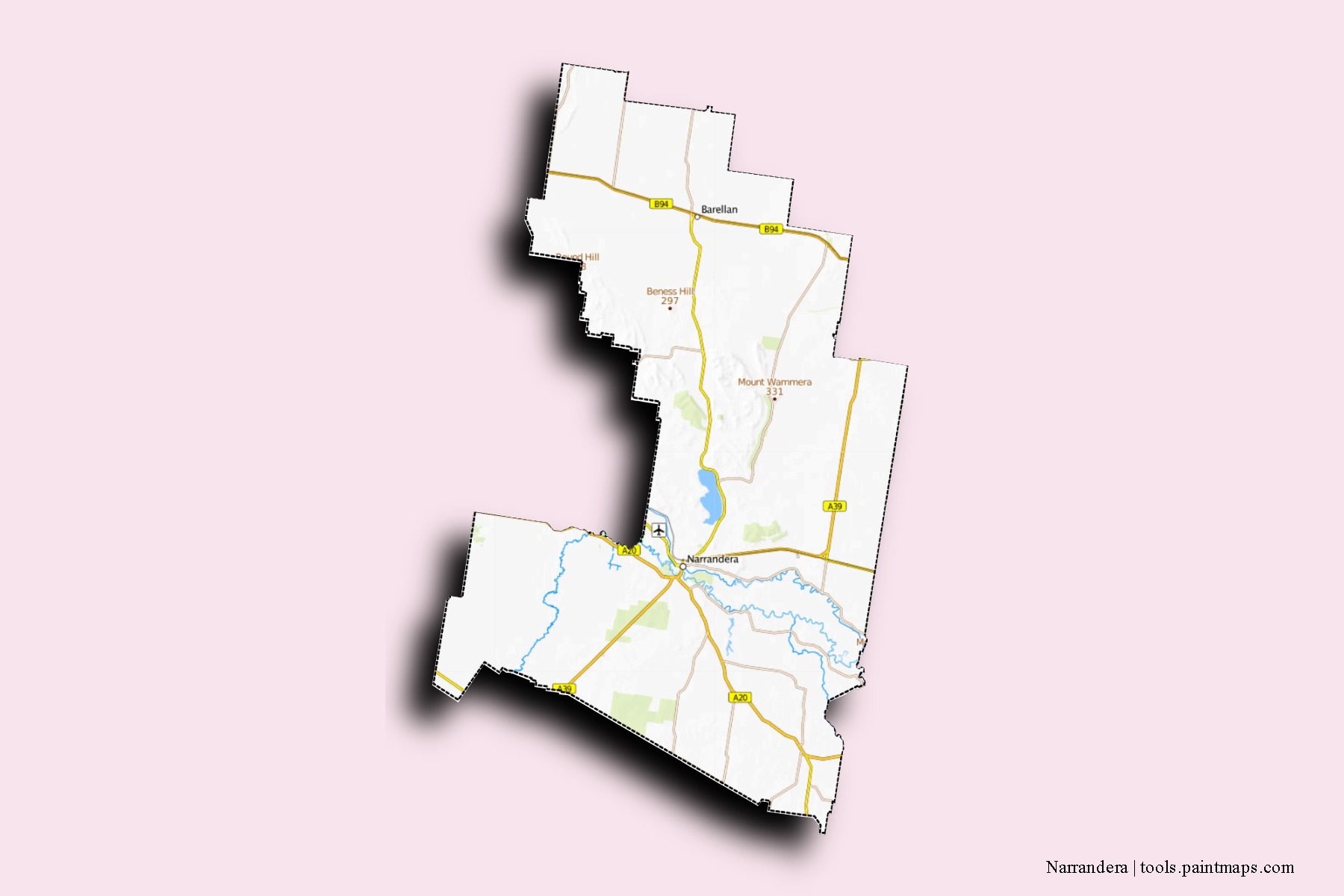 Mapa de barrios y pueblos de Narrandera con efecto de sombra 3D