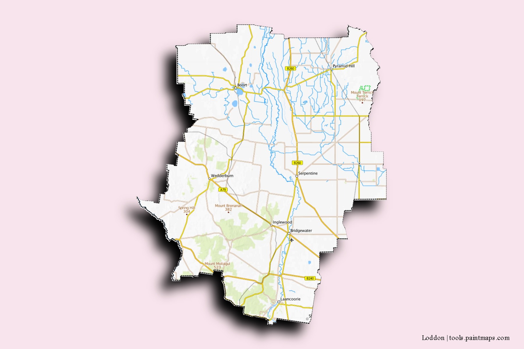 Loddon neighborhoods and villages map with 3D shadow effect