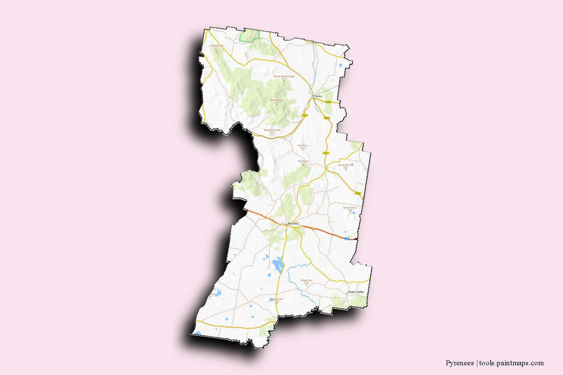 Mapa de barrios y pueblos de Pyrenees con efecto de sombra 3D