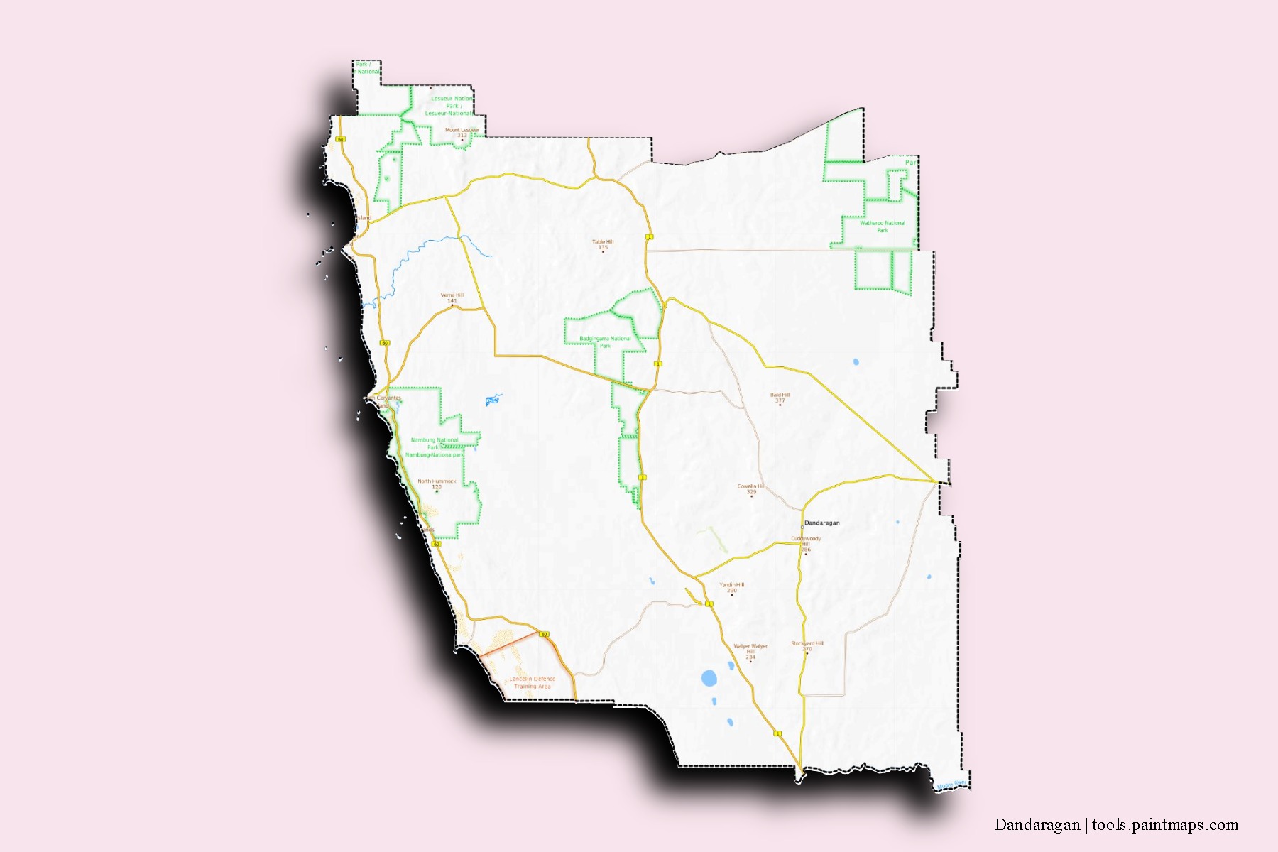 Mapa de barrios y pueblos de Dandaragan con efecto de sombra 3D