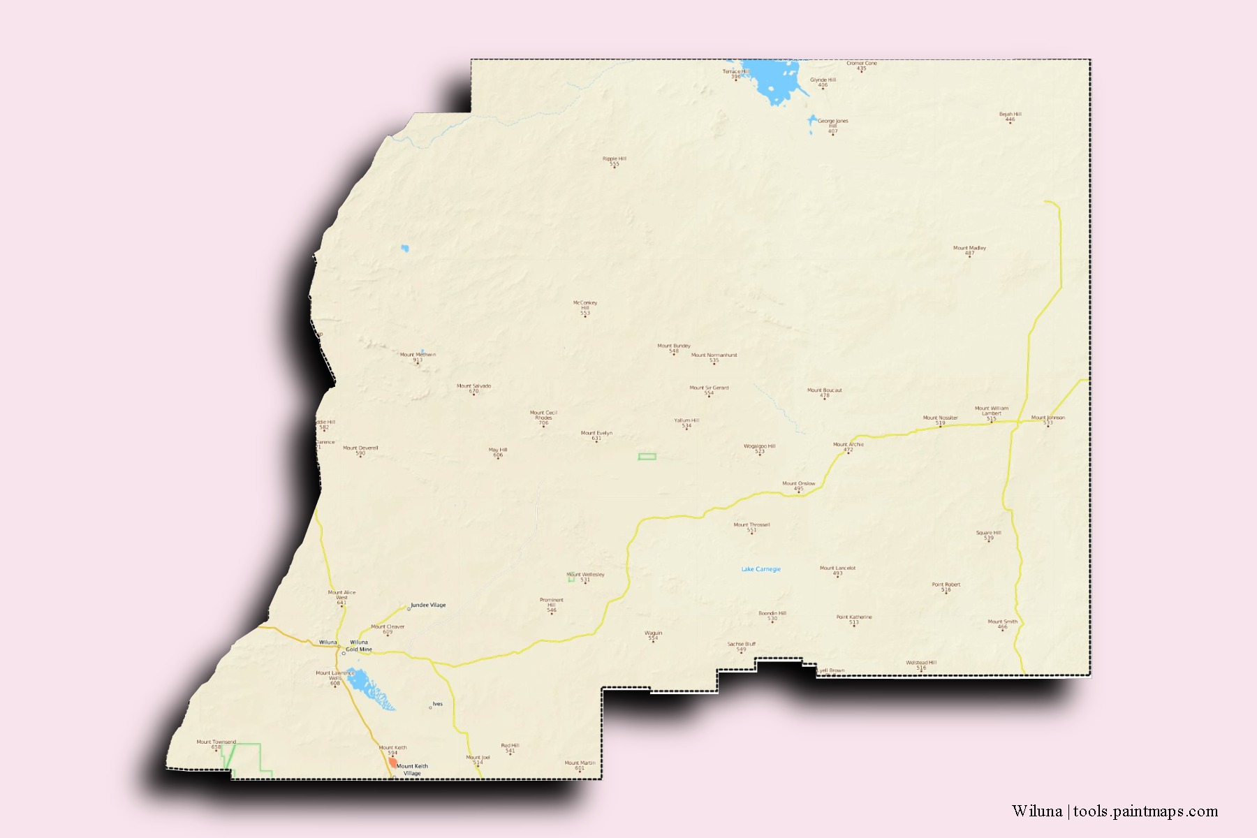 Mapa de barrios y pueblos de Wiluna con efecto de sombra 3D