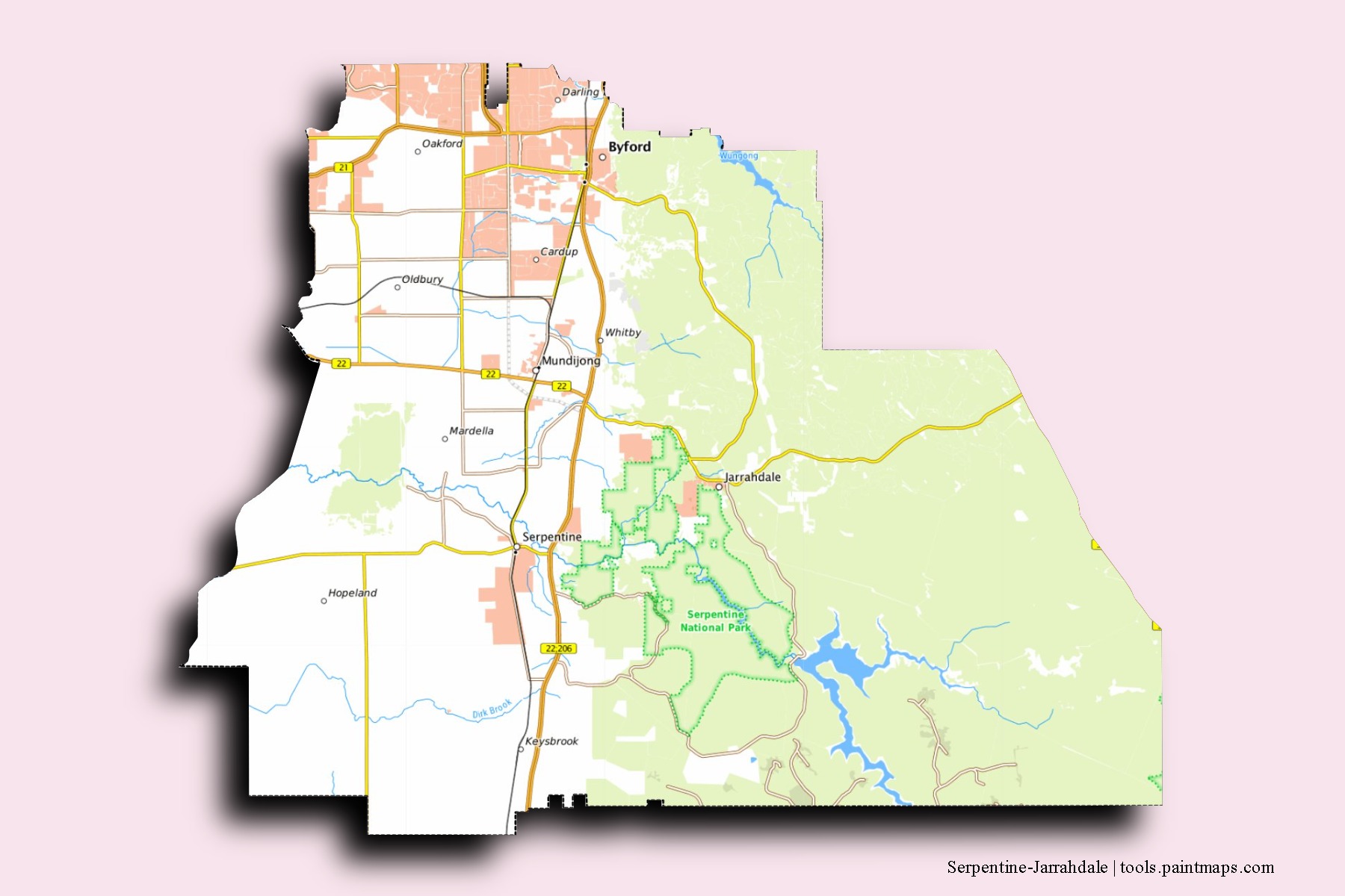 Mapa de barrios y pueblos de Serpentine-Jarrahdale con efecto de sombra 3D