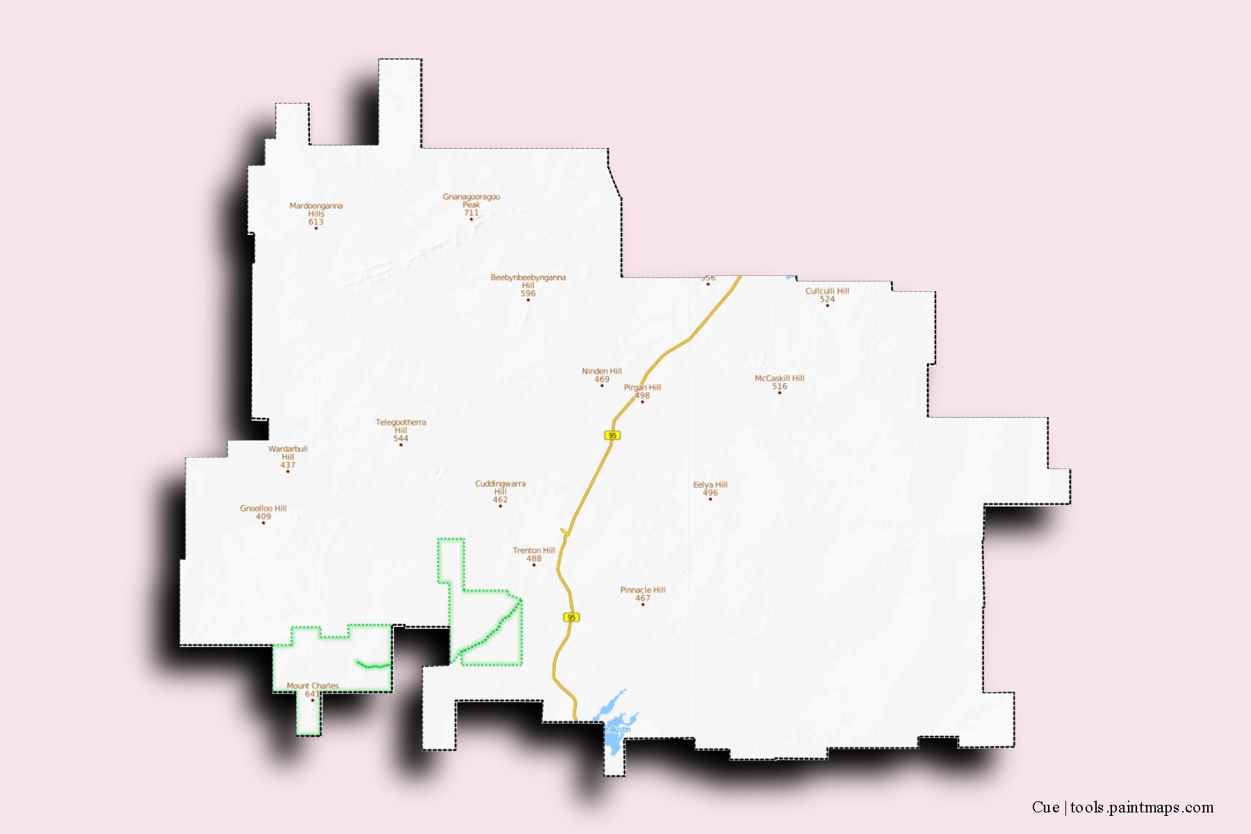 Mapa de barrios y pueblos de Cue con efecto de sombra 3D