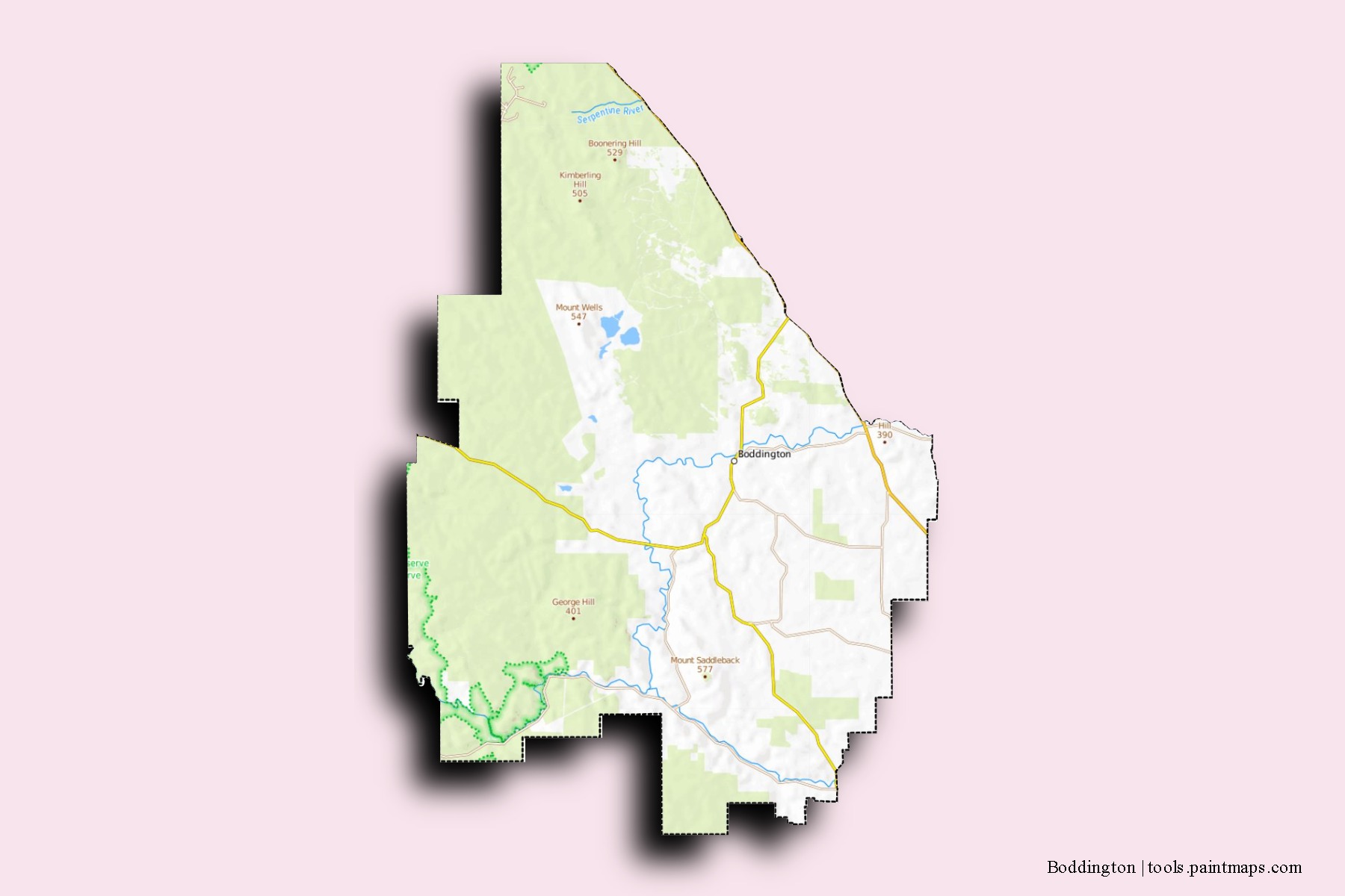 Boddington neighborhoods and villages map with 3D shadow effect