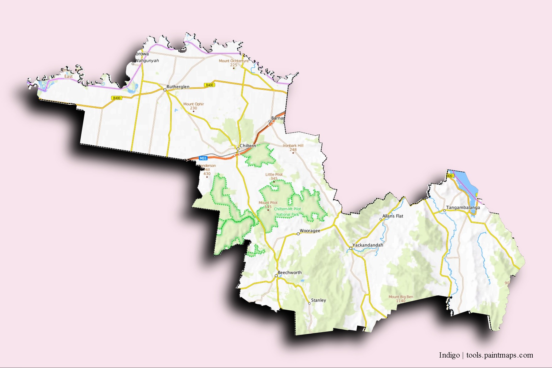 Mapa de barrios y pueblos de Indigo con efecto de sombra 3D