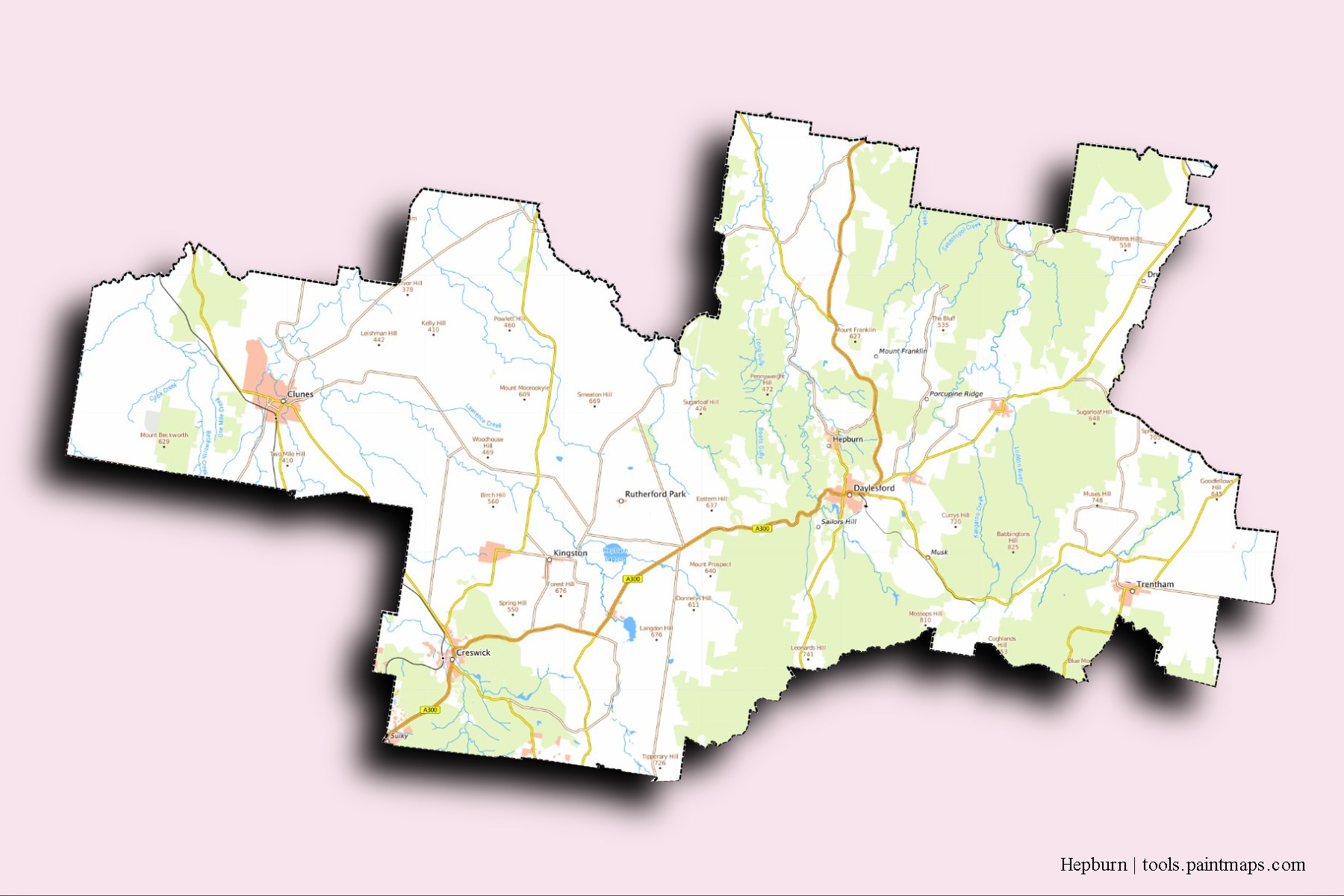 Mapa de barrios y pueblos de Hepburn con efecto de sombra 3D