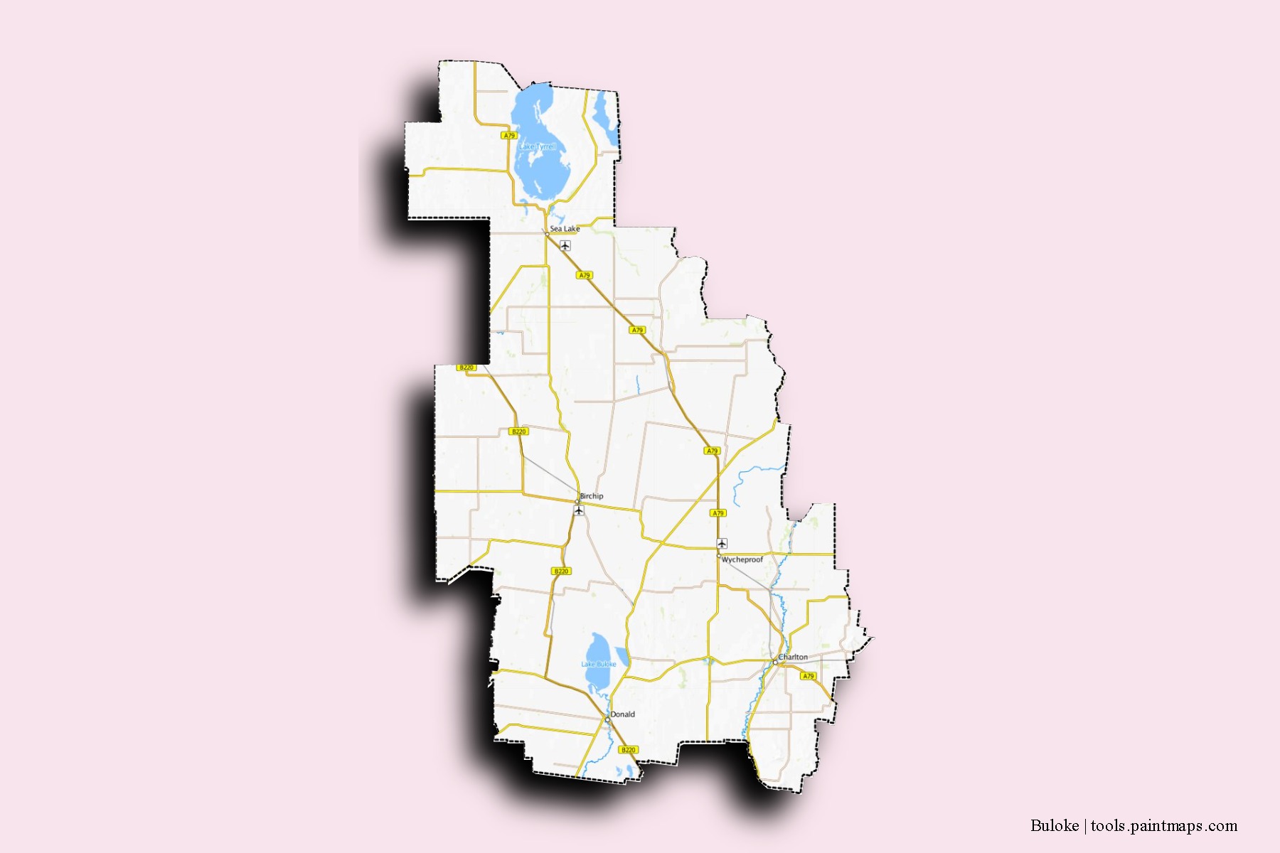 Mapa de barrios y pueblos de Buloke con efecto de sombra 3D