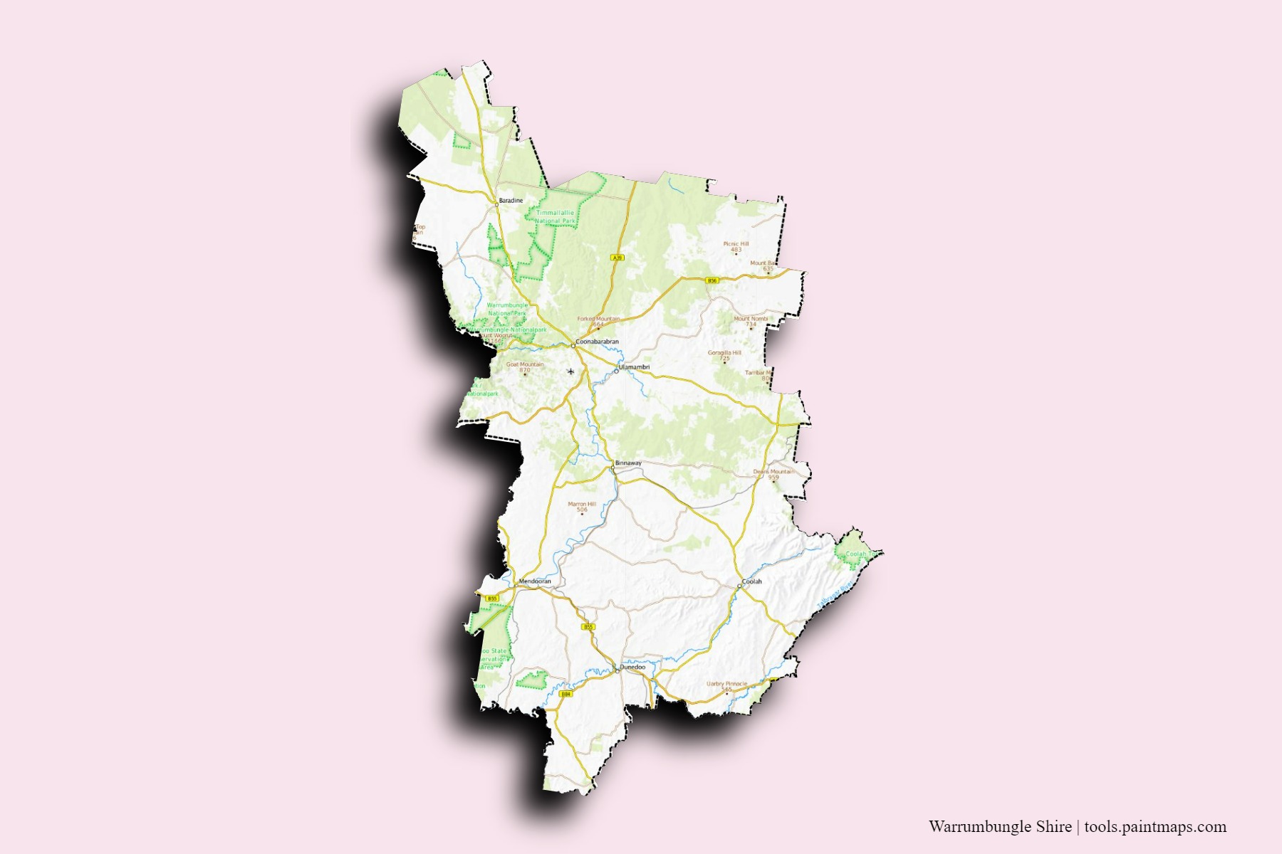 Mapa de barrios y pueblos de Warrumbungle Shire con efecto de sombra 3D