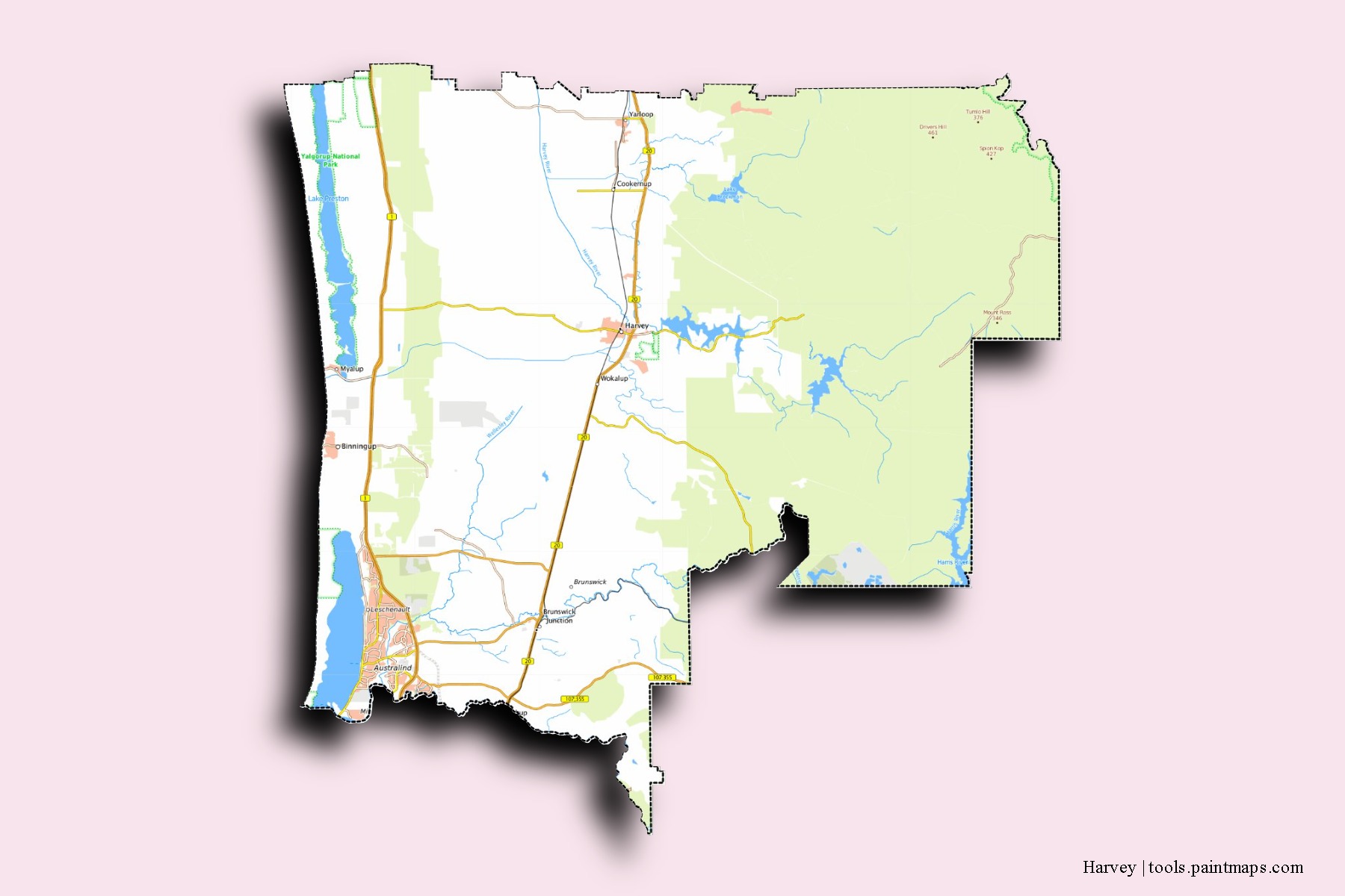 Harvey neighborhoods and villages map with 3D shadow effect