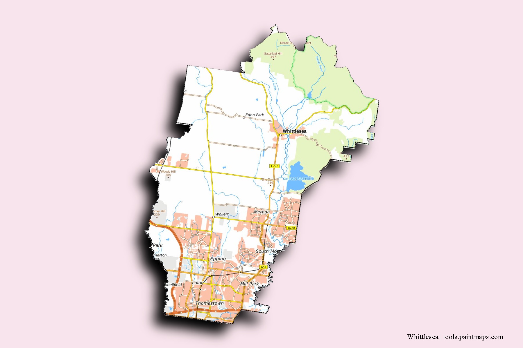 Mapa de barrios y pueblos de Whittlesea con efecto de sombra 3D