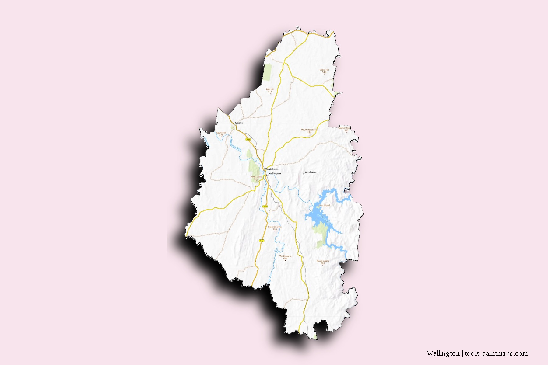 Mapa de barrios y pueblos de Wellington con efecto de sombra 3D